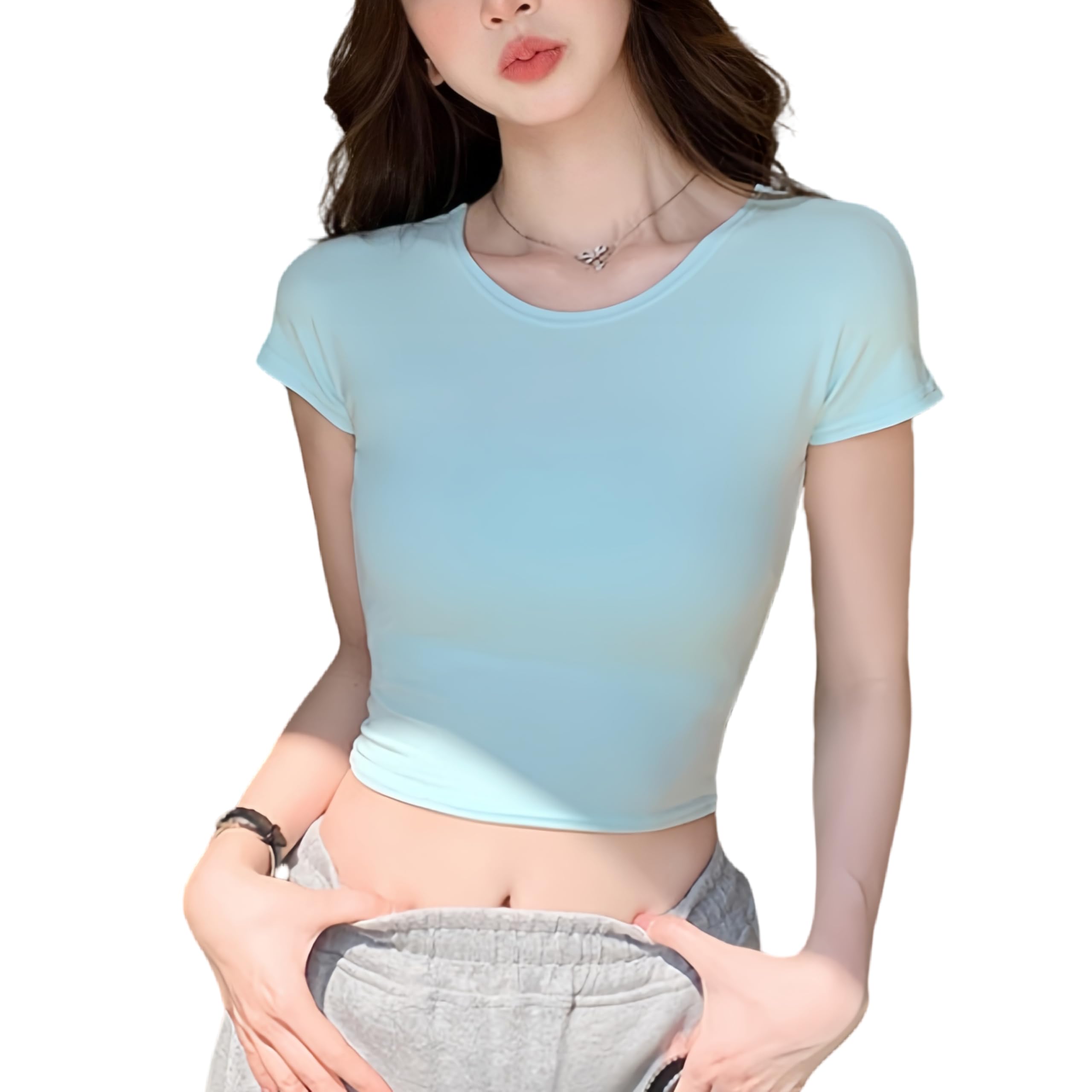 【送料無料】[KOEKOI] Tシャツ へそ出し レディース カットソー 半袖 ショート丈 トップス クロップド シンプル 着痩せ お出かけ 丸首 無地 ショートtシャツ 夏 秋 ダンス 大きいサイズ 半袖シャツ セクシー 色：ブルー、サイズ：L