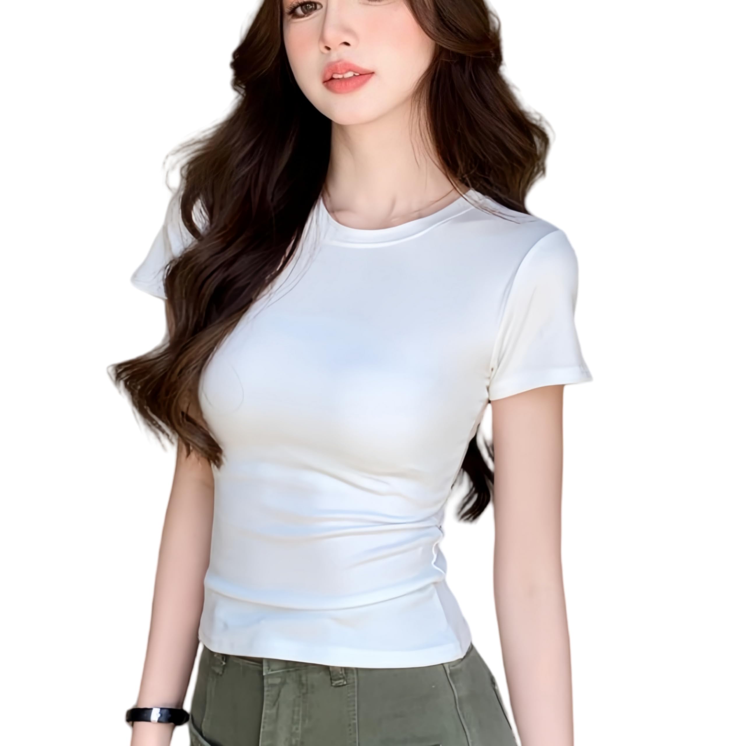 【送料無料】[KOEKOI] Tシャツ へそ出し レディース カットソー 半袖 ショート丈 トップス クロップド シンプル 着痩せ お出かけ 丸首 無地 ショートtシャツ 夏 秋 ダンス 大きいサイズ 半袖シャツ セクシー 色：通常-白、サイズ：L