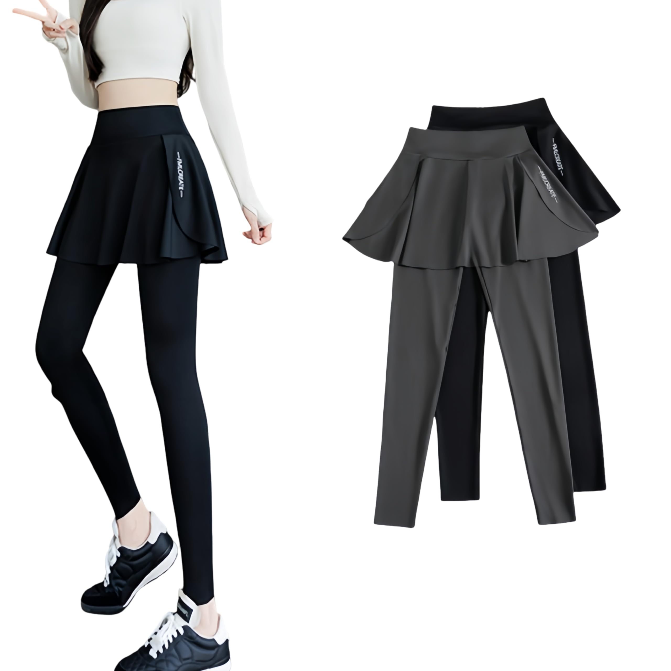 【送料無料】[KOEKOI] ヨガパンツ ハイウエスト 一体型 スカート付 ヨガウェア 美尻 レディース レギンス スカート付きパンツ 通気 速乾 美脚 ショート 色：黒-九分、サイズ：L