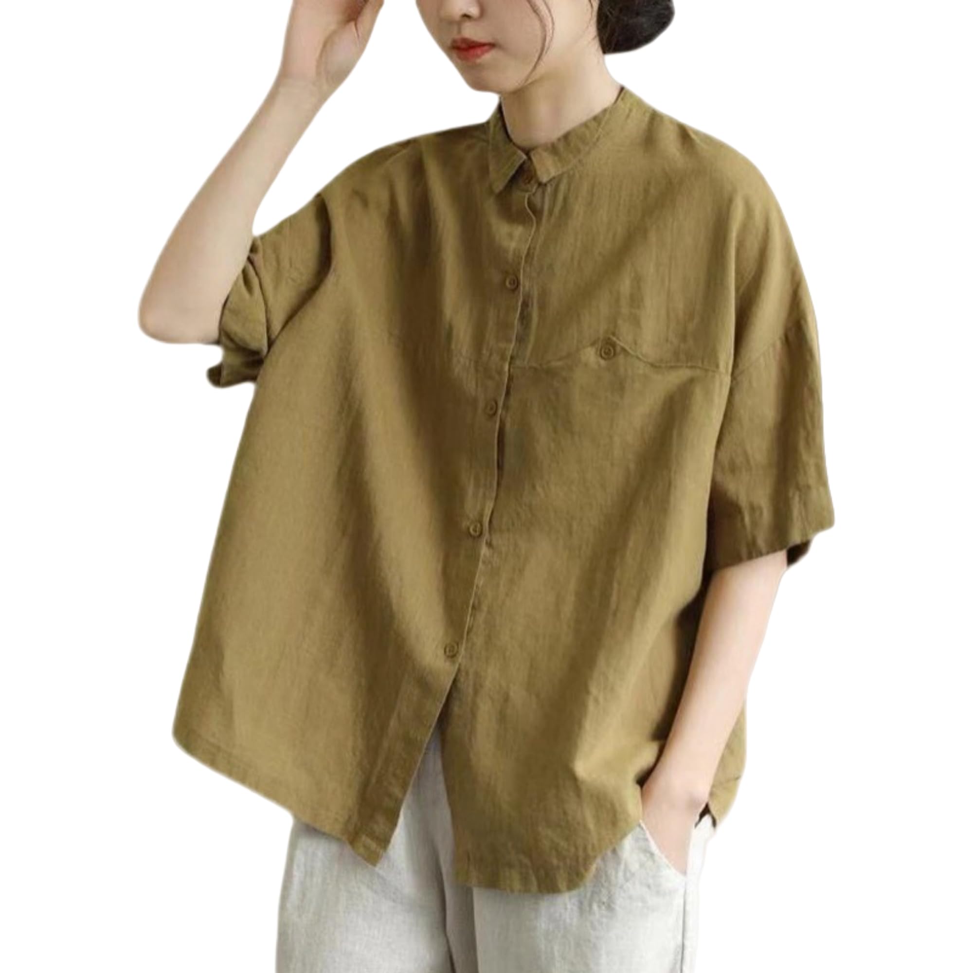 【送料無料】[KOEKOI] シャツ ブラウス レディース ロング 半袖 薄手 無地 ゆったり 綿麻 カジュアル ..