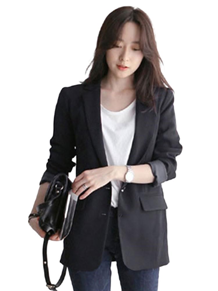 【送料無料】Bvaeocl テーラードジャケット レディース ブレザー 長袖 ロング丈 カジュアル 通勤 大きいサイズ 大人 シンプル 春 秋 BV148 色：ブラック、サイズ：S