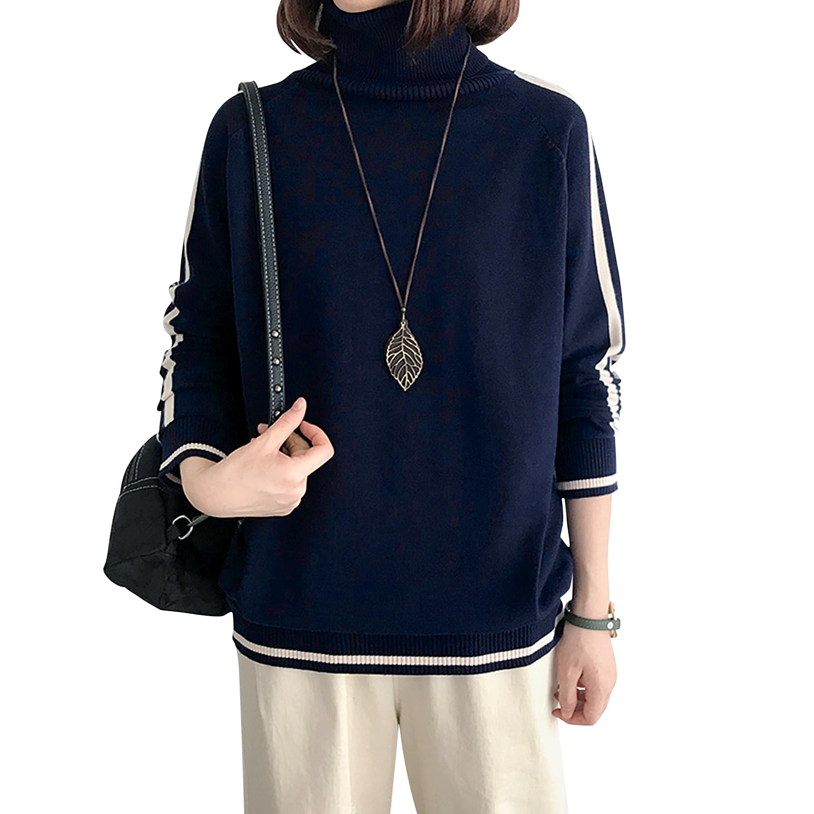 【送料無料】[xppe] レディース セーター ニット ハイネック リブ タートルネック 暖かい トップス おしゃれ カジュアル お出掛け 大人 シンプル 通勤 長袖 着痩せ 柔らかい ゆったり ブラック 無地 春秋冬 色：ネイビー、サイズ：M