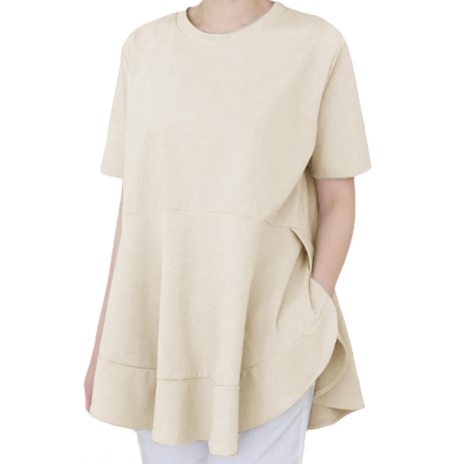 【送料無料】[xppe] 半袖 Tシャツ レディース フリル トップス おしゃれ オフィス カットソー ゆったり 大人かわいい 綿 無地 スタンダード フィット シンプルカジュアル きれいめ スリム 春夏 コットン 薄手着やせ 色：キャメル、サイズ：L