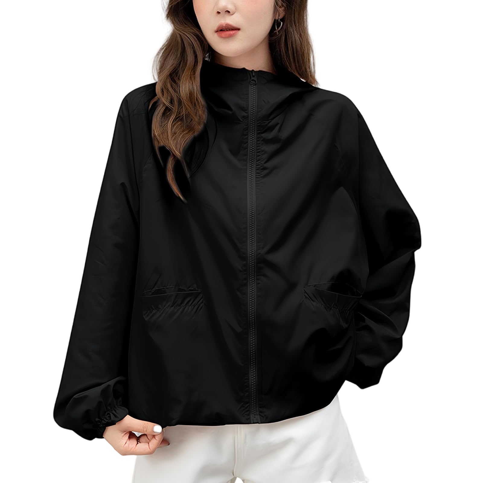 【送料無料】[Tiernyueth] レディース UVパーカー 日焼け止め服 ラッシュガード 開きシャツ 長袖 接触冷感 フード付き 紫外線対策 冷房対策 メッシュ両面 ジッパー ポケット ファッション 無地 軽量 速乾 シンプル 通気性 通勤 旅行 アウトドア 色：ブラック、サイズ：L