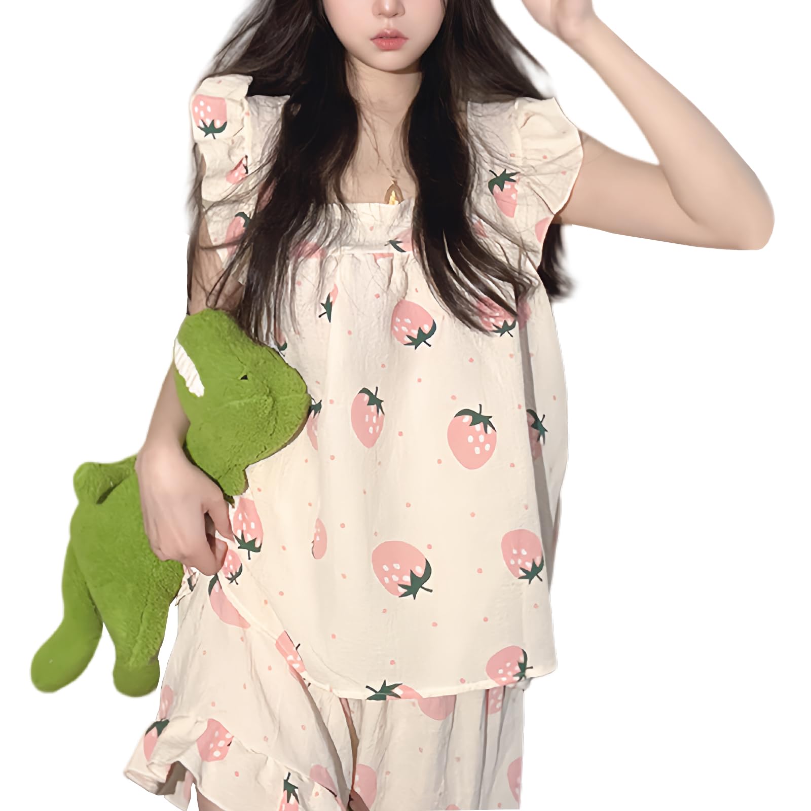 【送料無料】[Tiernyueth] レディース パジャマ ルームウェアセット 2点セット 上下セット 半袖ショートパンツ フリル袖 ベストスタイル ファッション 花柄 薄手 吸湿速乾 快適 部屋着 エレガント ルーズ 肌触りスト かわいい セクシー 春 色：ストロベリー、サイズ：XL