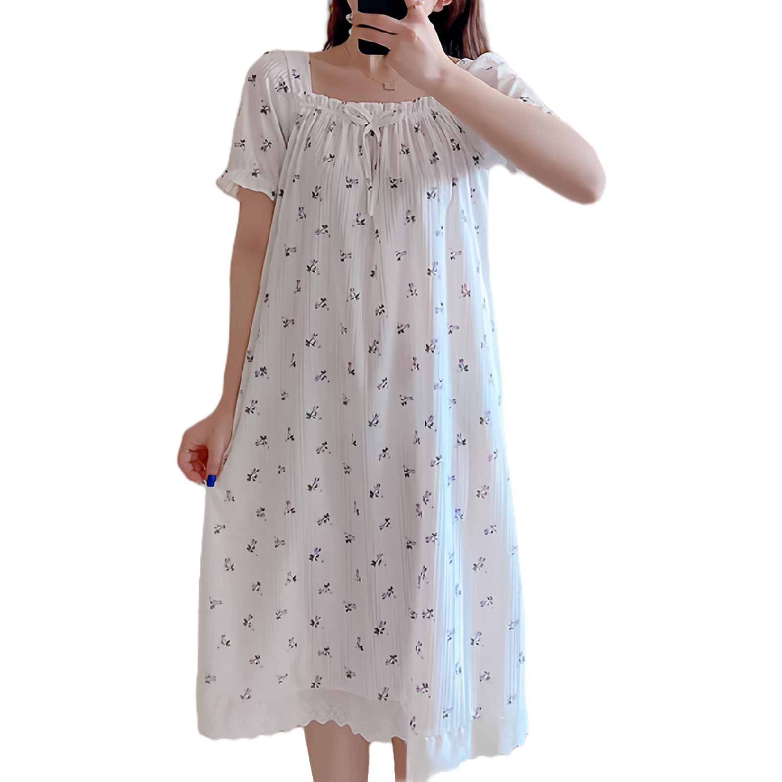 【送料無料】[Narebualo Cietupoop] パジャマ レディース 半袖 ロングスタイル ワンピース ネグリジェ リボン スクエアカラー オフショルダー かわいい ルームウェア ゆったり 薄手 花柄 柔らか 吸汗 通気 シンプル 寝間着 カジュアル 春夏秋 色：紫の花、サイズ：L