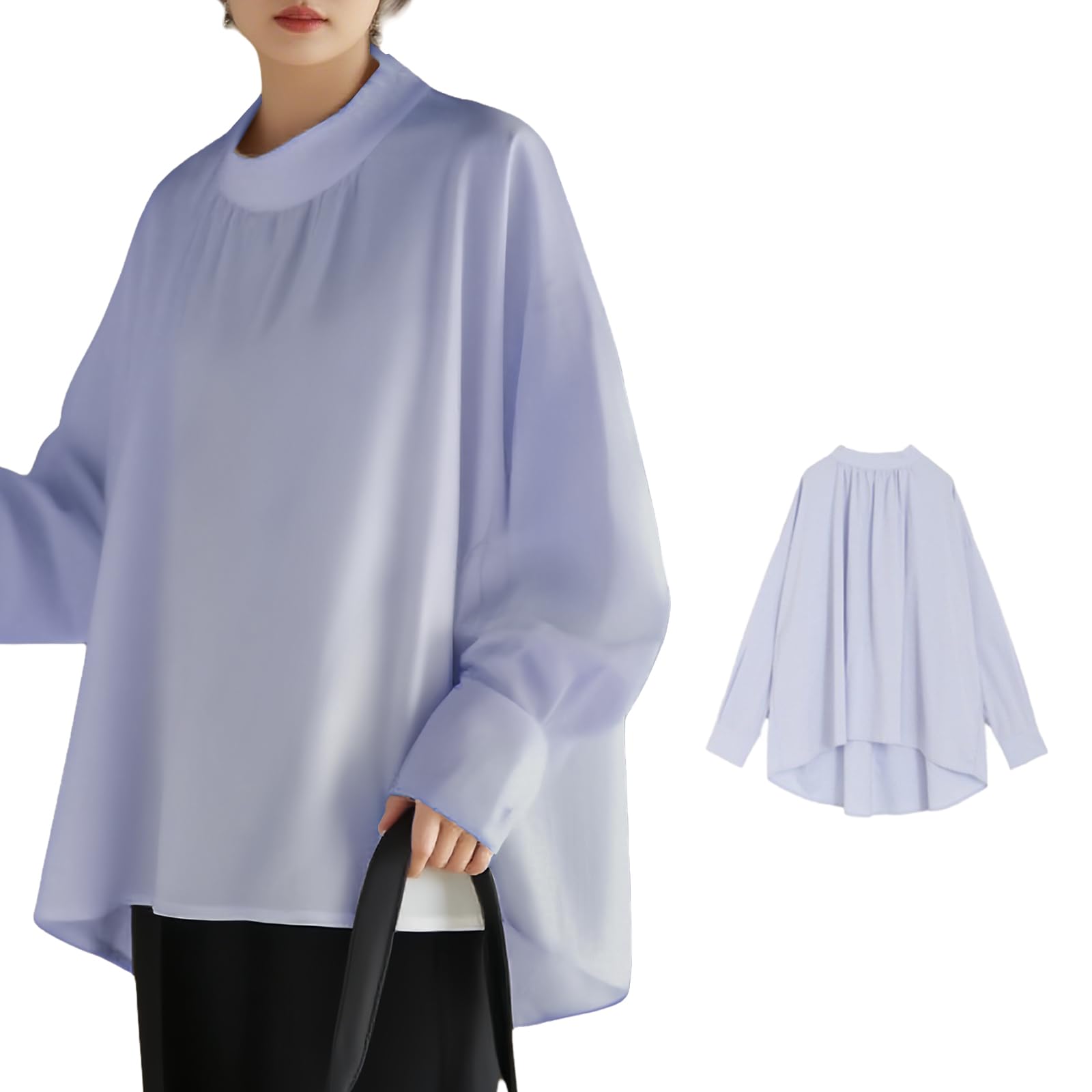 【送料無料】[Tiernyueth] レディース シャツ 長袖- トップス Tシャツ ミッドハイクルーネック シフォンシャツ スワローテイルヘム 無地 薄手 韓国ファッション 柔らかい 肌触り シンプルさ 薄い ゆるい 体型カバー 透け感 カジュアル 春夏秋冬 色：ブルー、サイズ：XL