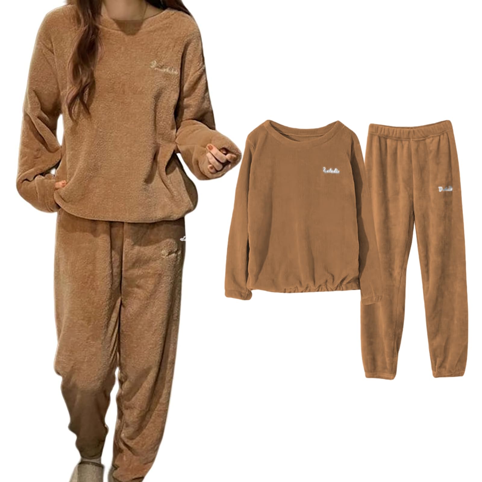 【送料無料】[Narebualo Cietupoop] 2点セット ルームウエア レディース 上下セット 長袖 刺繍ロゴ クルーネック セットアップ 保温 パジャマ 暖かい 秋冬 部屋着 ふわふわな 肌触り 防寒 裏起毛 トップス 厚手 肌に優しい ゆったり 色：コーヒー、サイズ：Free Size