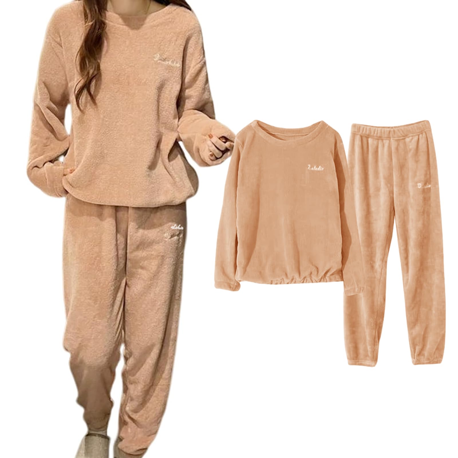 【送料無料】[Narebualo Cietupoop] 2点セット ルームウエア レディース 上下セット 長袖 刺繍ロゴ クルーネック セットアップ 保温 パジャマ 暖かい 秋冬 部屋着 ふわふわな 肌触り 防寒 裏起毛 トップス 厚手 肌に優しい ゆったり 色：ピンク、サイズ：Free Size