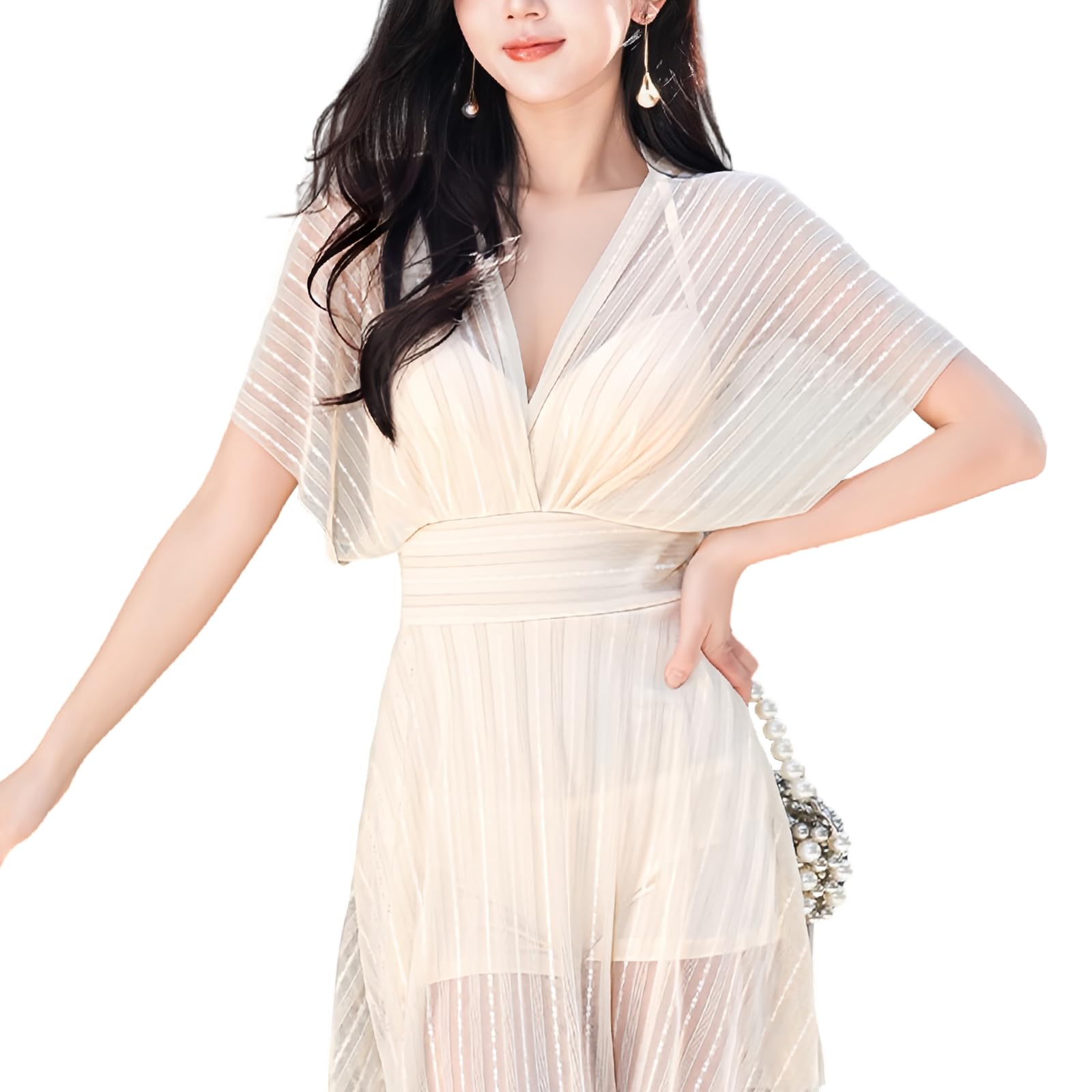 【送料無料】[Narebualo Cietupoop] レディース 水着ワンピース ドレス カラーマッチング 胸パッド付き 透明な 日焼け防止 着痩せ ハイウエスト セクシー 韓国 トレンド ビーチ プール リゾート 大人可愛い ファッション 色：ホワイト、サイズ：XL