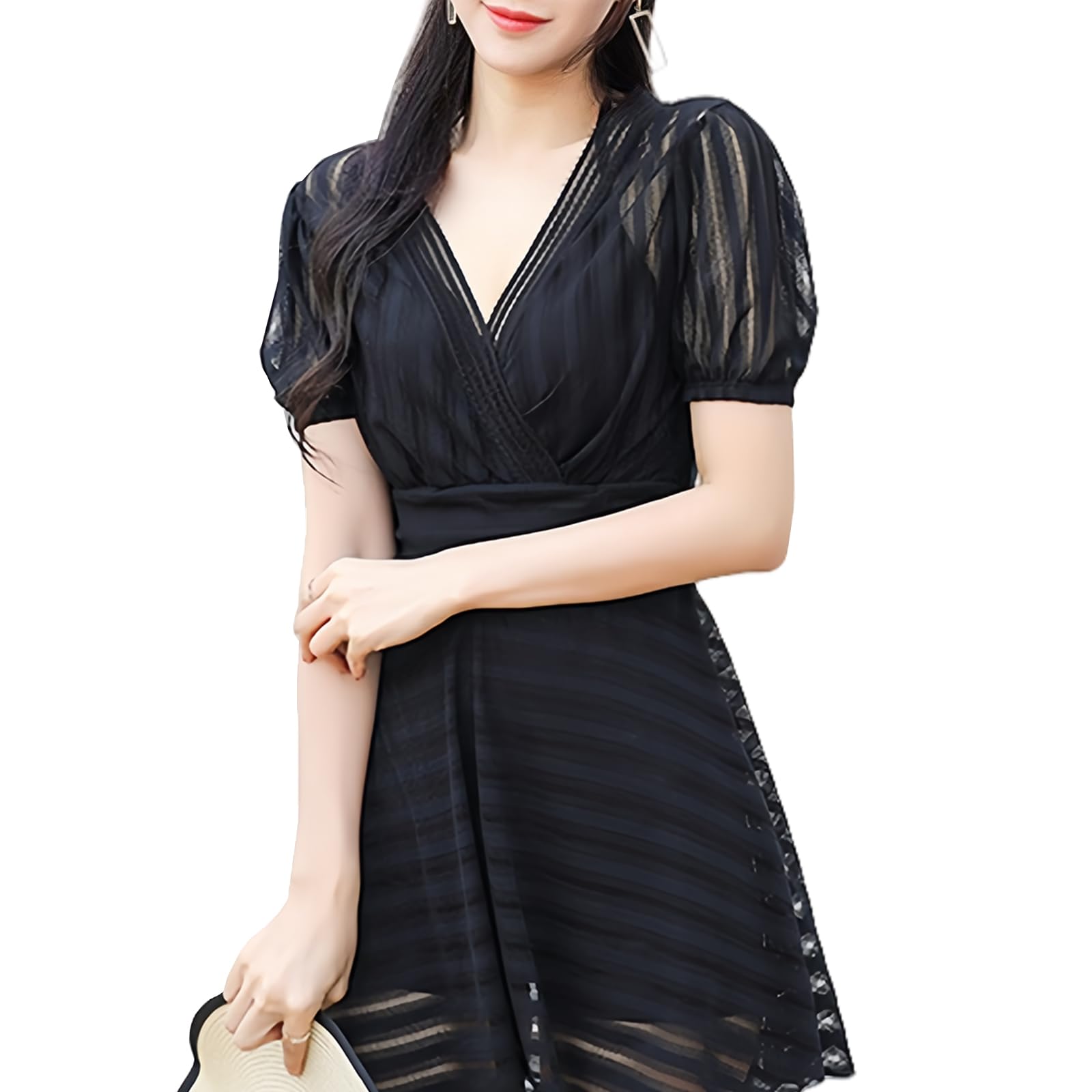 【送料無料】[Narebualo Cietupoop] レディース 水着ワンピース ドレス カラーマッチング 胸パッド付き 透明な 日焼け防止 着痩せ ハイウエスト セクシー 韓国 トレンド ビーチ プール リゾート 大人可愛い ファッション 色：ブラック、サイズ：M