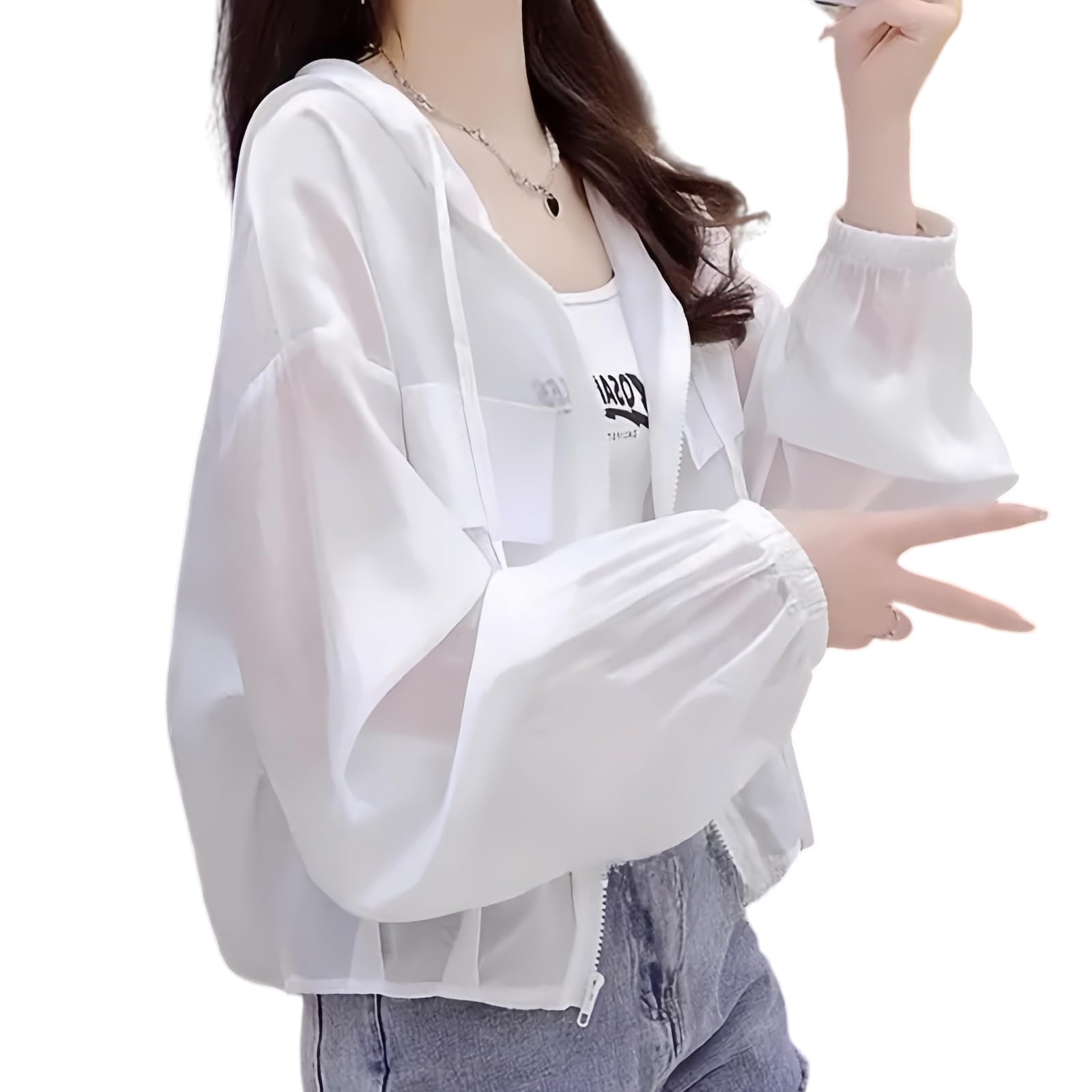 【送料無料】Narebualo Cietupoopカーディガン レディース パーカー UVカット 長袖 トップス 無地 フーデッド 透明な 冷房対策 通気性 速乾性 防風 UV対策 日焼け止め服 着痩せ お洒落 可愛い 体型カバー 通勤 日常 ファッション 夏秋 色：ホワイト、サイズ：L