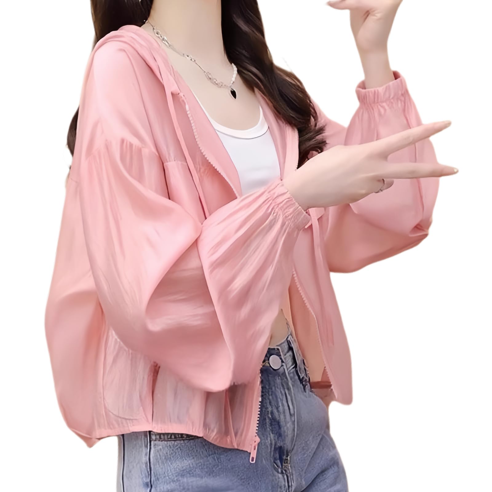 【送料無料】Narebualo Cietupoopカーディガン レディース パーカー UVカット 長袖 トップス 無地 フーデッド 透明な 冷房対策 通気性 速乾性 防風 UV対策 日焼け止め服 着痩せ お洒落 可愛い 体型カバー 通勤 日常 ファッション 夏秋 色：ピンク、サイズ：XL