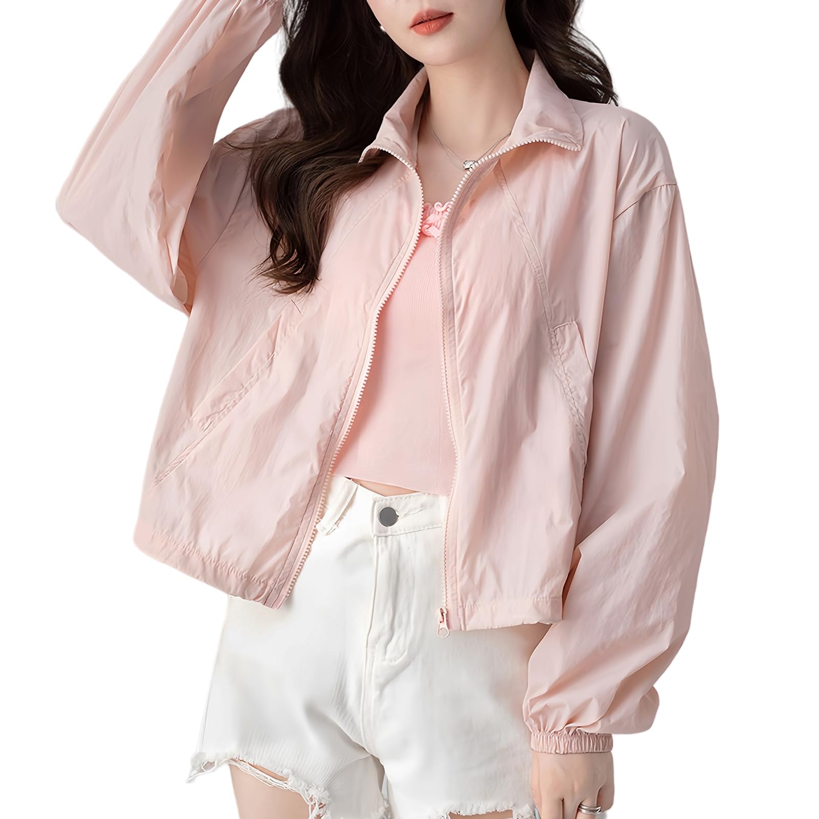 【送料無料】Narebualo Cietupoopカーディガン レディース パーカー UVカット トップス 無地 長袖 フーデッド 冷房対策 通気性 速乾性 防風 UV対策 日焼け止め服 着痩せ お洒落 可愛い 体型カバー 通勤 日常 ファッション 春夏秋 色：ピンク、サイズ：M