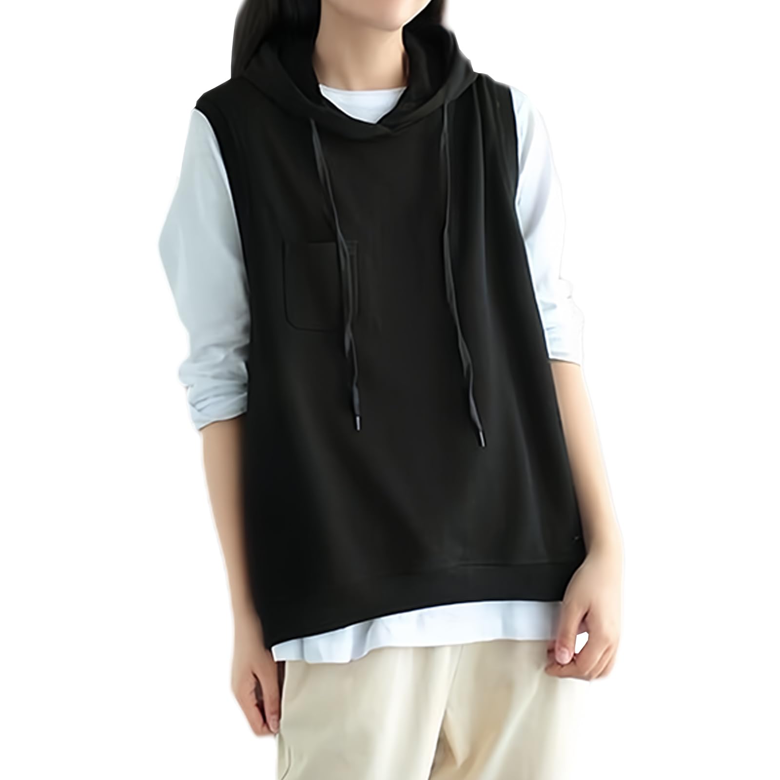 【送料無料】[Narebualo Cietupoop] レディース ノースリーブ パーカー プルオーバー Vネック パーカー 半袖 トップス ポケット付き リブ裾 韓国ファッション エレガント ゆったり お出かけ オフィス 通勤 デート 春 夏 秋 色：ブラック、サイズ：XL