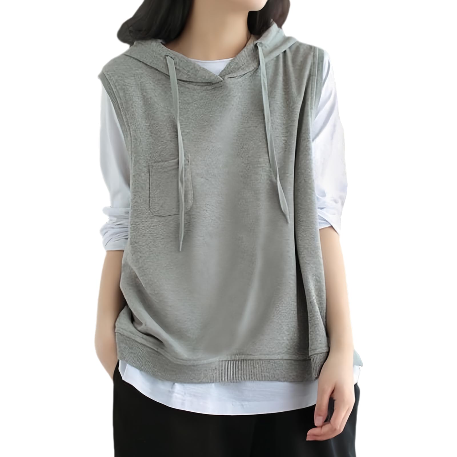 【送料無料】[Narebualo Cietupoop] レディース ノースリーブ パーカー プルオーバー Vネック パーカー 半袖 トップス ポケット付き リブ裾 韓国ファッション エレガント ゆったり お出かけ オフィス 通勤 デート 春 夏 秋 色：ライトグレー、サイズ：M