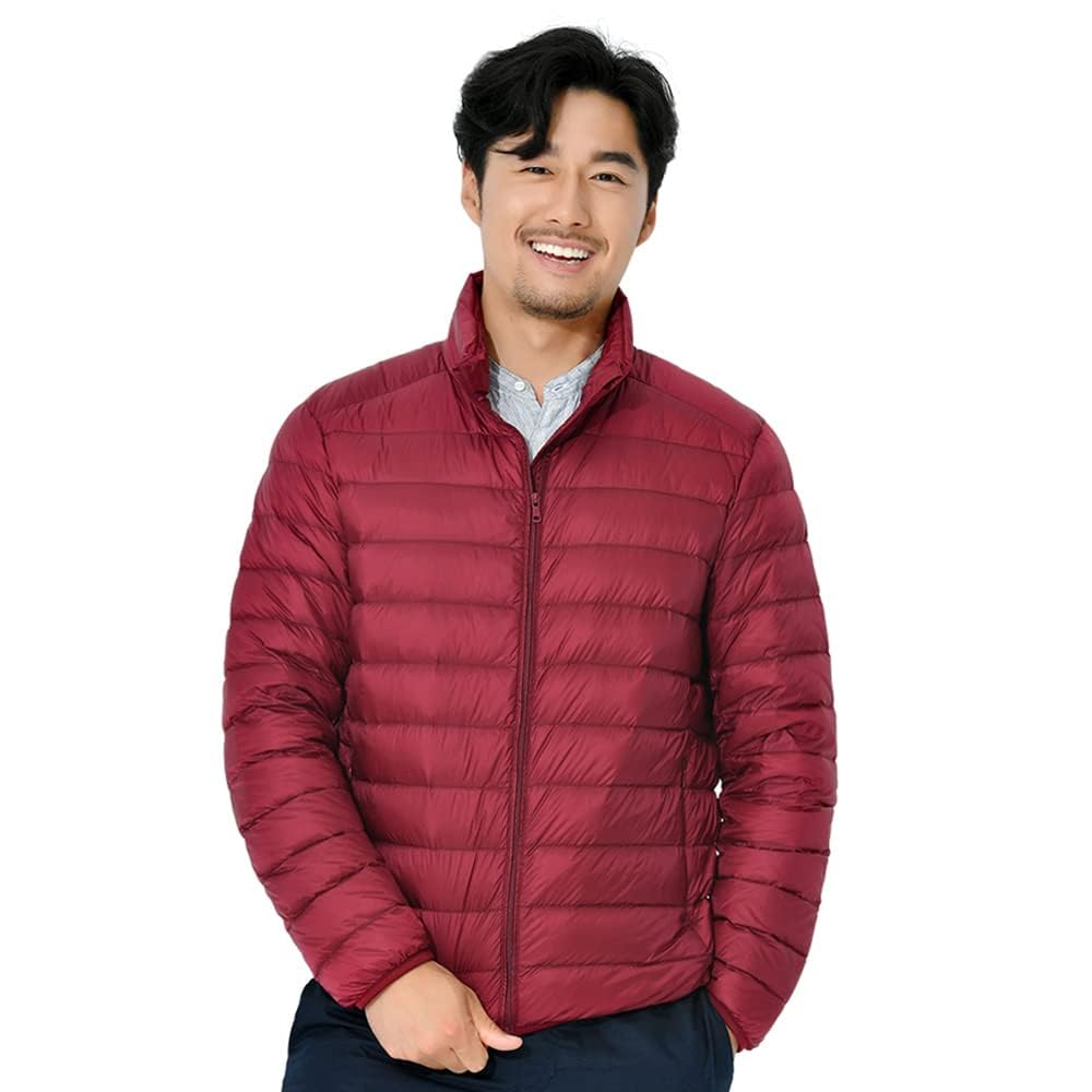 【送料無料】CLAZOLIY ダウンジャケット メンズ ウルトラライト 暖かい 軽量 防寒 ダウンコート 収納袋付き CL112 色：襟レッド、サイズ：M
