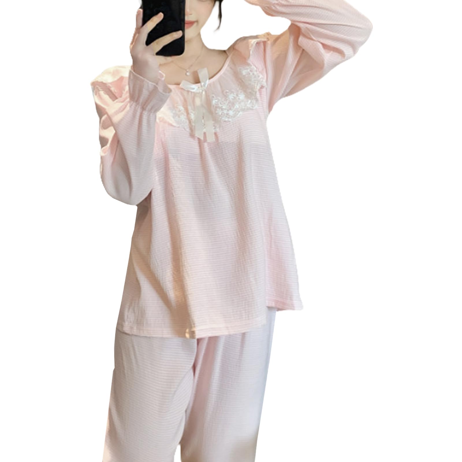 【送料無料】[Narebualo Cietupoop] パジャマ レディース 長袖 2点セットパジャマ- ロングスタイル リボン フリル襟 かわいい ルームウェア ファッション ゆったり ストライプ 胸パッド付き シンプル 寝間着 カジュアル 肌触りよい 春夏 色：ピンクストライプ、サイズ：L