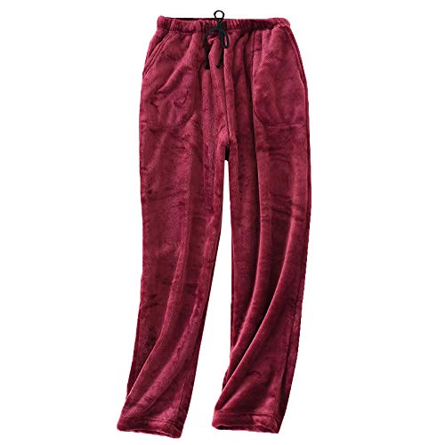【送料無料】[§ASHE RANGEL] パンツ ルームウェア もこもこ あたたかい ボトムス 長ズボン ポケット付き フランネル 厚手 ふんわり 冬用 部屋着 無地 ゆったり 男女兼用 紐付き ウェストゴム仕様 ピンク 色：ワインレッド、サイズ：L