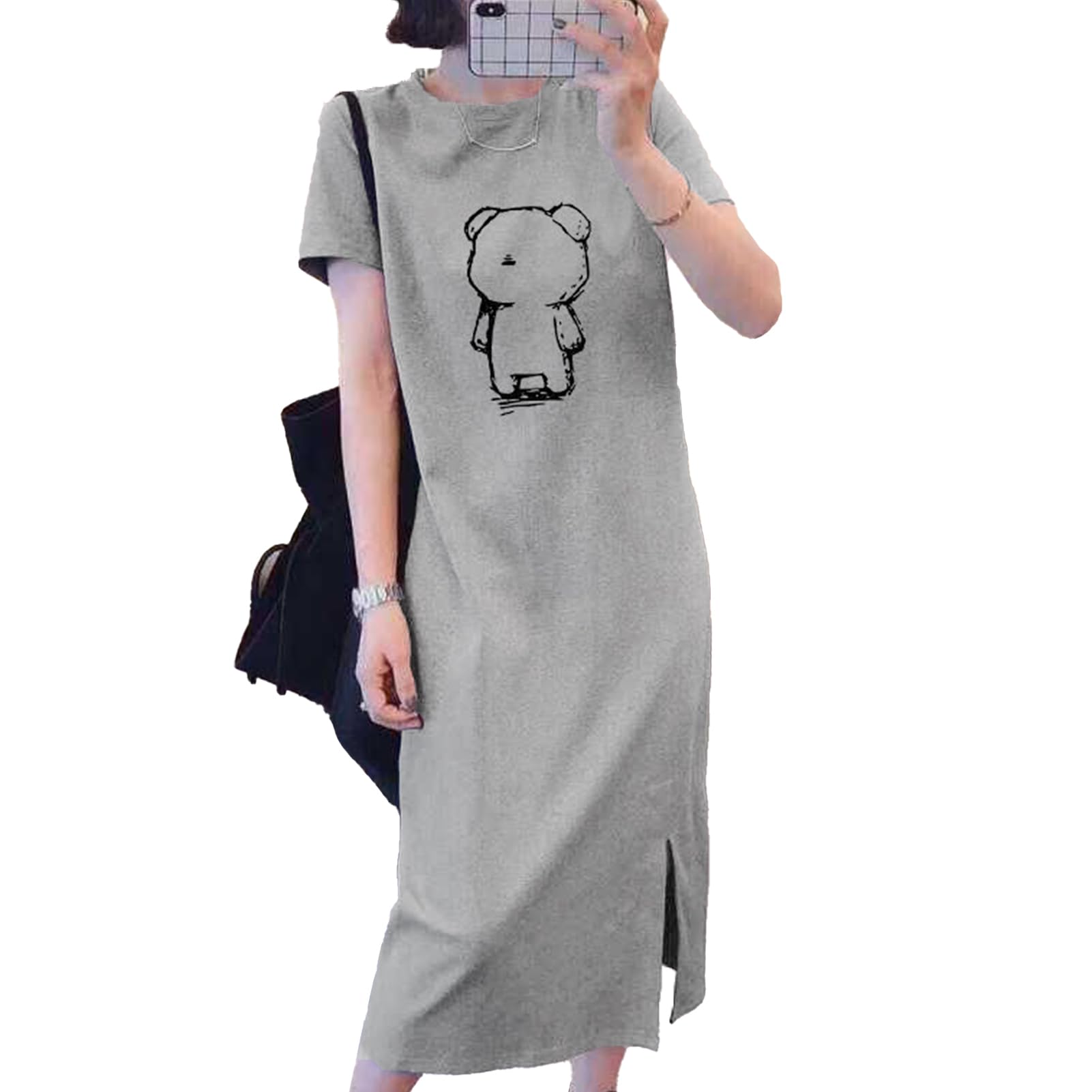 【送料無料】[JoveJek] ルームウェア ワンピース パジャマ 綿100 半袖 夏 大きいサイズ レディース ロング ネグリジェ 薄手 寝間着 部屋着 ゆったり 可愛いクマちゃん柄 色：グレー、サイズ：XL