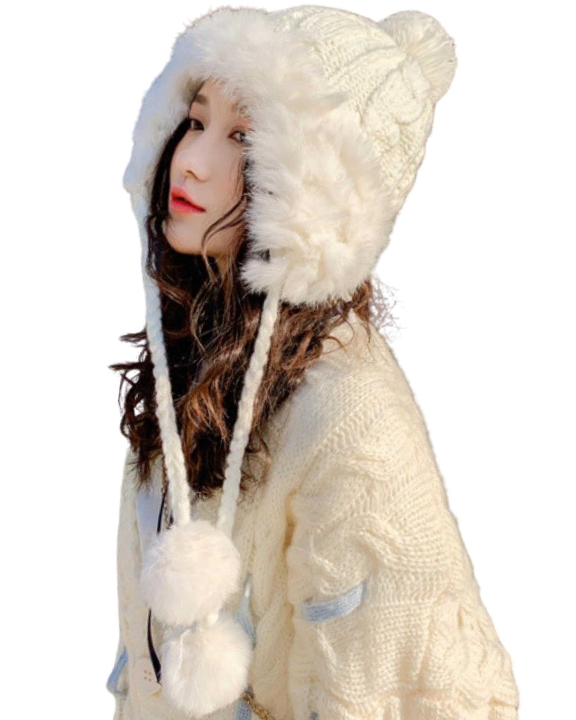 【送料無料】[Fiorior] 【裏起毛で暖かい】 ニット帽 レディース 帽子 ファー 冬 裏起毛 暖かい かわいい 厚手 防寒 ポンポン ニットキャップ 【快適な肌触り】【かわいく寒さ対策】 色：ホワイト、サイズ：Free Size