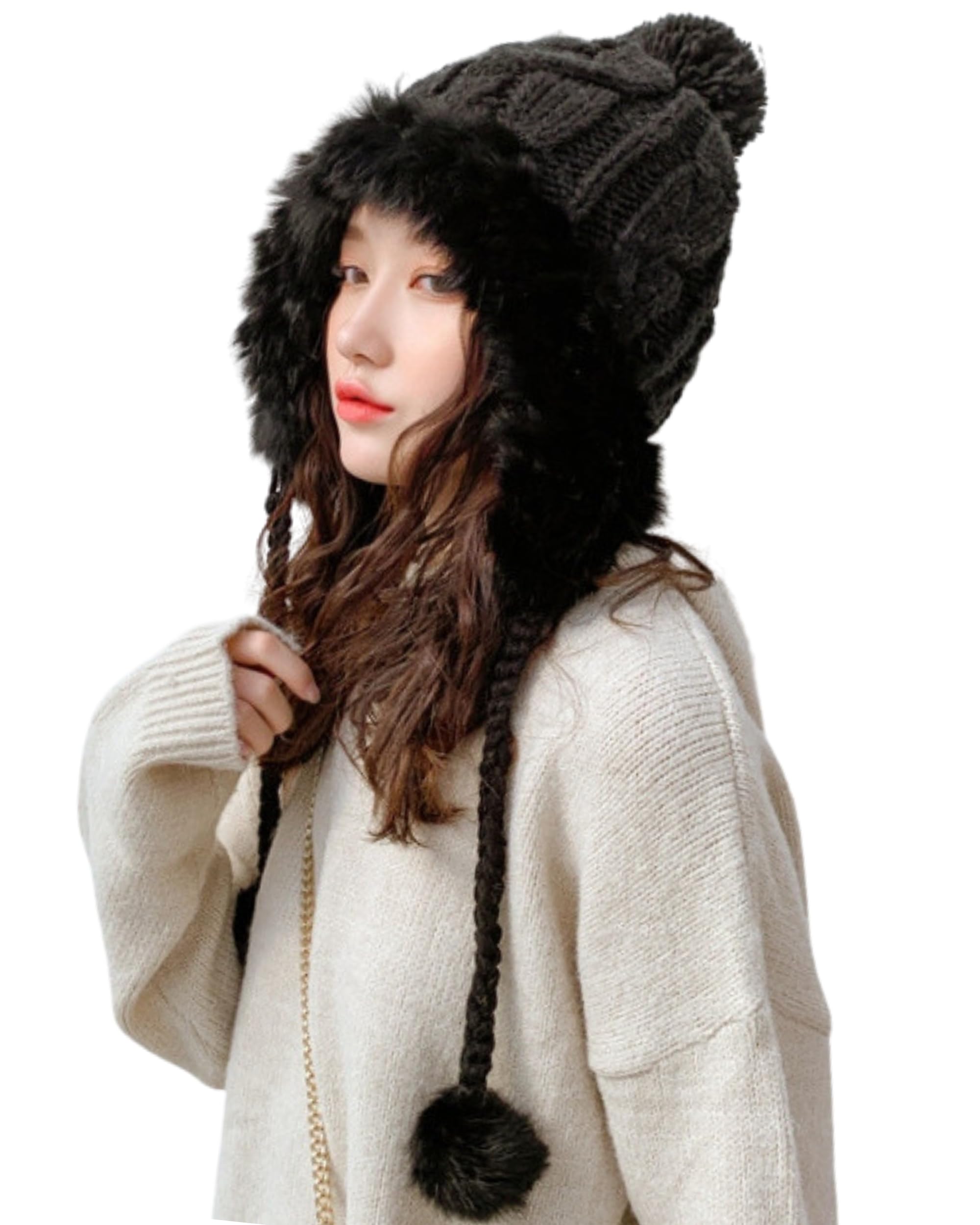 【送料無料】[Fiorior] 【裏起毛で暖かい】 ニット帽 レディース 帽子 ファー 冬 裏起毛 暖かい かわいい 厚手 防寒 ポンポン ニットキャップ 【快適な肌触り】【かわいく寒さ対策】 色：ブラック、サイズ：Free Size