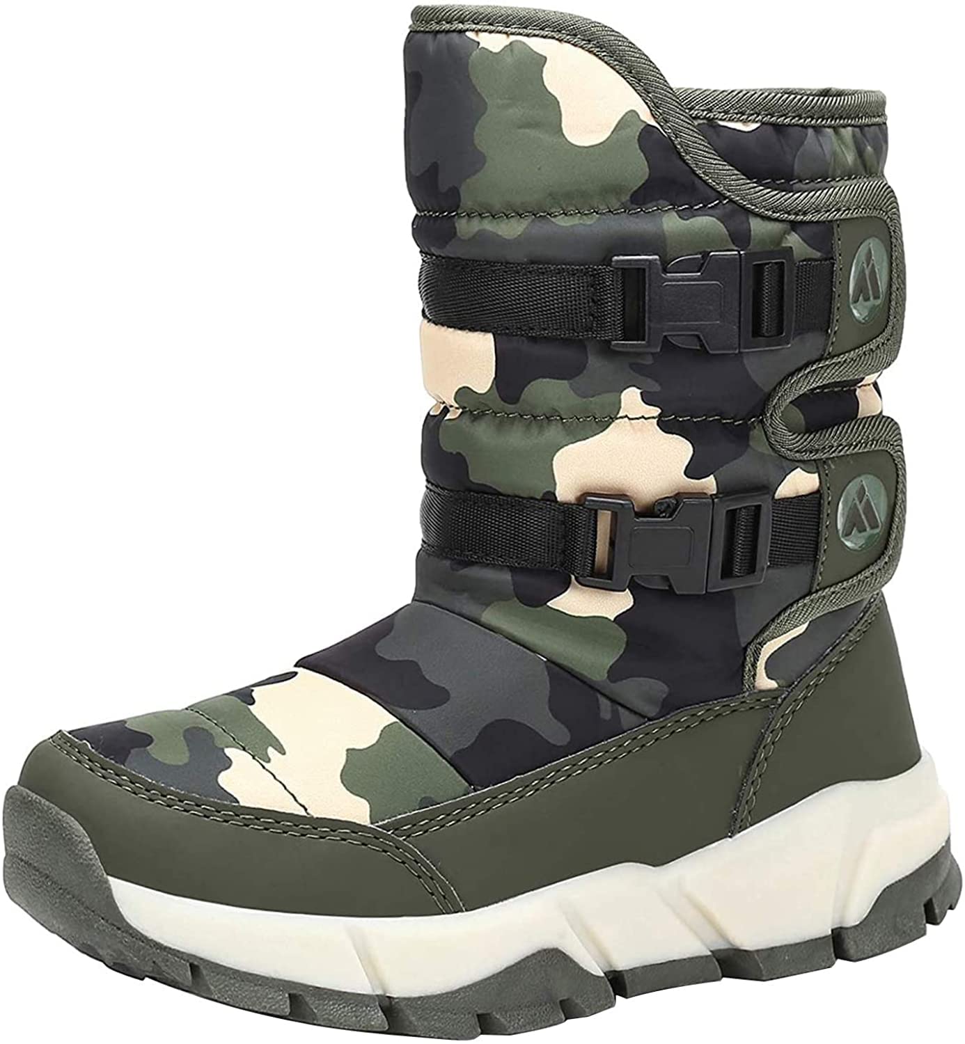 【送料無料】[Putu] スノーブーツ キッズ ジュニア ブーツ 女の子 男の子 防水 保暖 子供 スノーシューズ ウインターブーツ 色：迷彩 グリーン、サイズ：17.0 cm