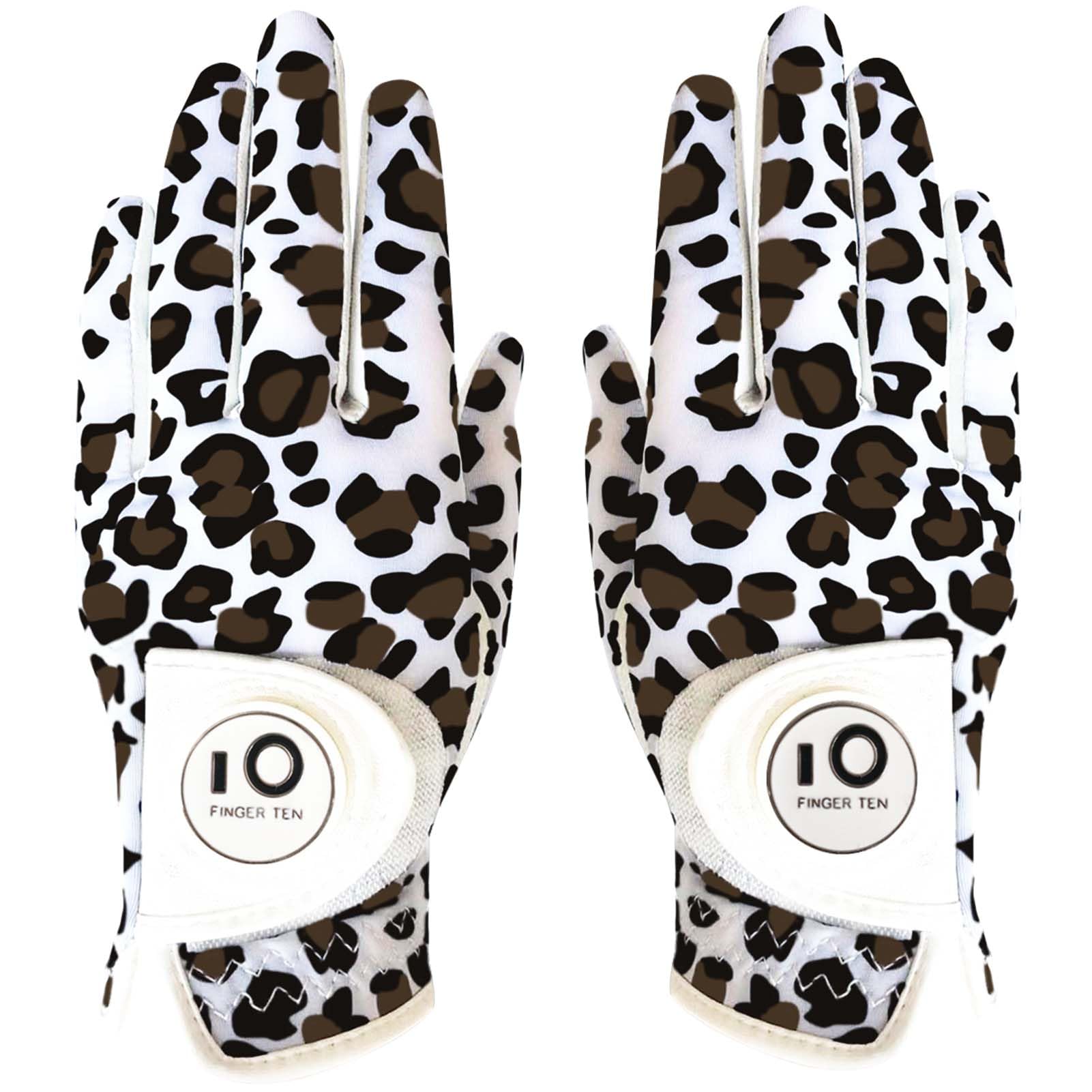 【送料無料】ゴルフグローブ レディース 両手 羊革とマイクロファイバーレザー ストレッチ生地 ソフト 柔らかめ 伸縮 通気 耐摩耗性 滑りにくいグリップ 雨 汗に強い 全天候モデル ゴルフマーカー付き NYS-018 色：豹柄（両手）、サイズ：21