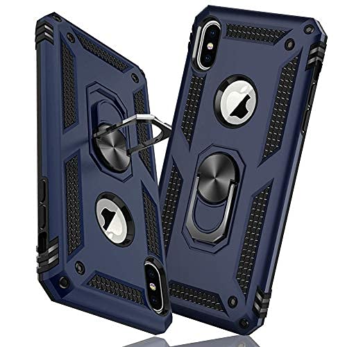 【送料無料】iPhone X ケース/iPhone XS ケース リング 耐衝撃 衝撃吸収 傷防止 全面保護 カメラ保護 スタンド付き TPU+PCバンパー 指紋防止対策 二重構造 360度回転 防塵 車載ホルダー対応 黄変防止 米軍MIL規格 軽量 薄型 耐傷性 安心 色：ブルー、サイズ：iPhone X/XS