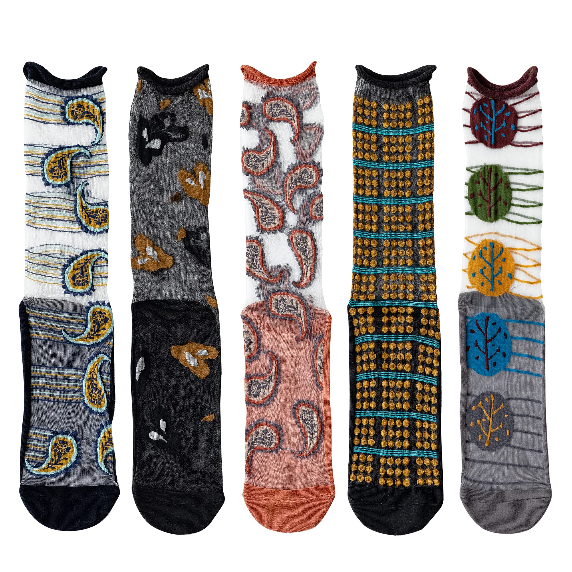 【送料無料】[Comonsava] レディース 靴下 シースルーソックス 左右柄違う フランス風 春夏 かわいい 薄手 透明 通学通勤 蒸れにくい プレゼント 5足セット 色：ブラック B組、サイズ：Free Size