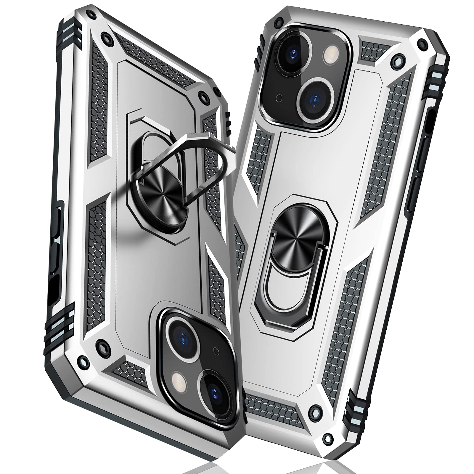 【送料無料】TMUJWS iPhone 13 mini ケース リング 耐衝撃 衝撃吸収 傷防止 全面保護 カメラ保護 スタンド付き TPU+PCバンパー 指紋防止対策 二重構造 360度回転 防塵 車載ホルダー対応 黄変防止 米軍MIL規格 軽量 薄型 耐傷性 安 色：シルバー、サイズ：iPhone 13 mini