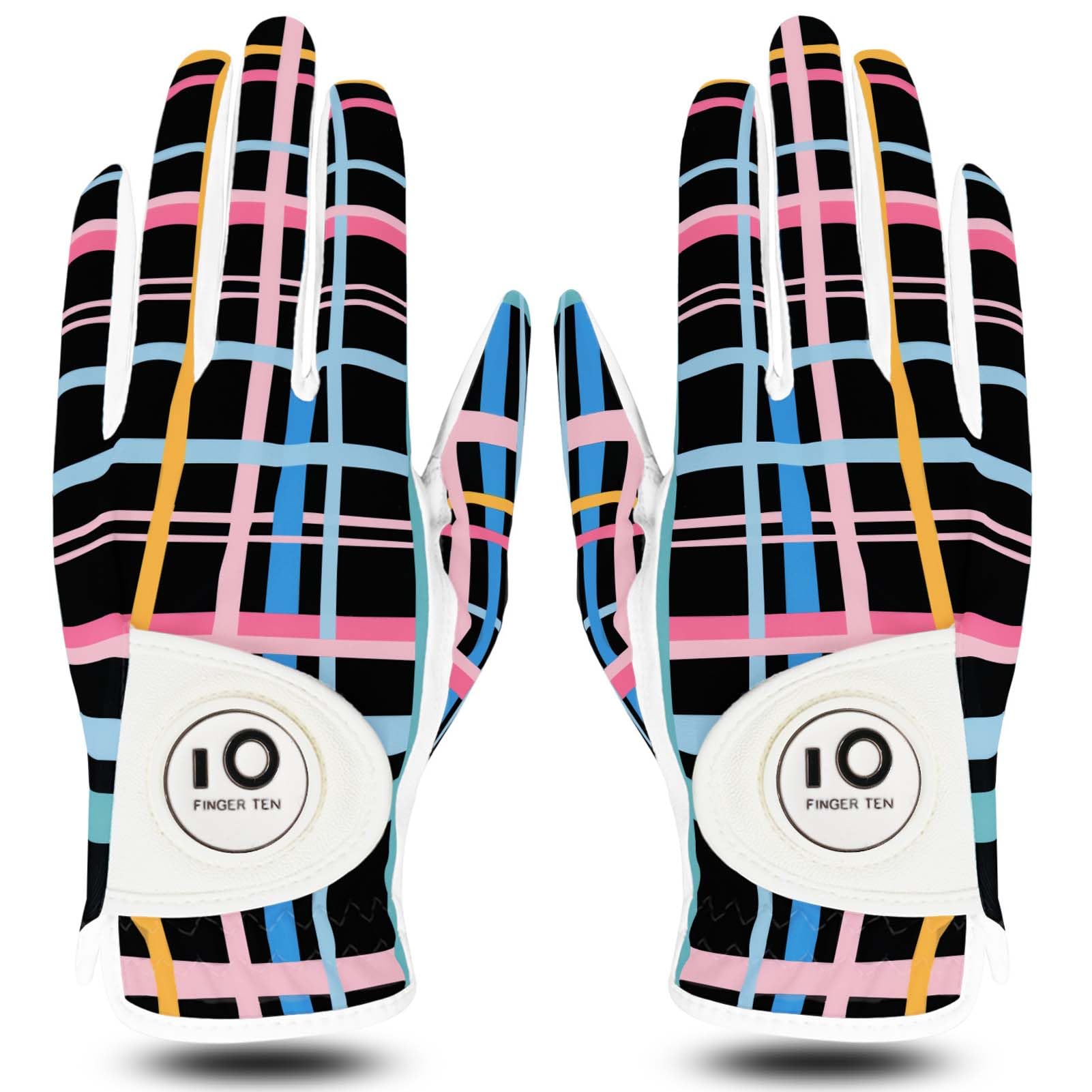 【送料無料】ゴルフグローブ レディース 両手 羊革とマイクロファイバーレザー ストレッチ生地 ソフト 柔らかめ 伸縮 通気 耐摩耗性 滑りにくいグリップ 雨 汗に強い 全天候モデル ゴルフマーカー付き NYS-018 色：ストライプ（両手）、サイズ：19