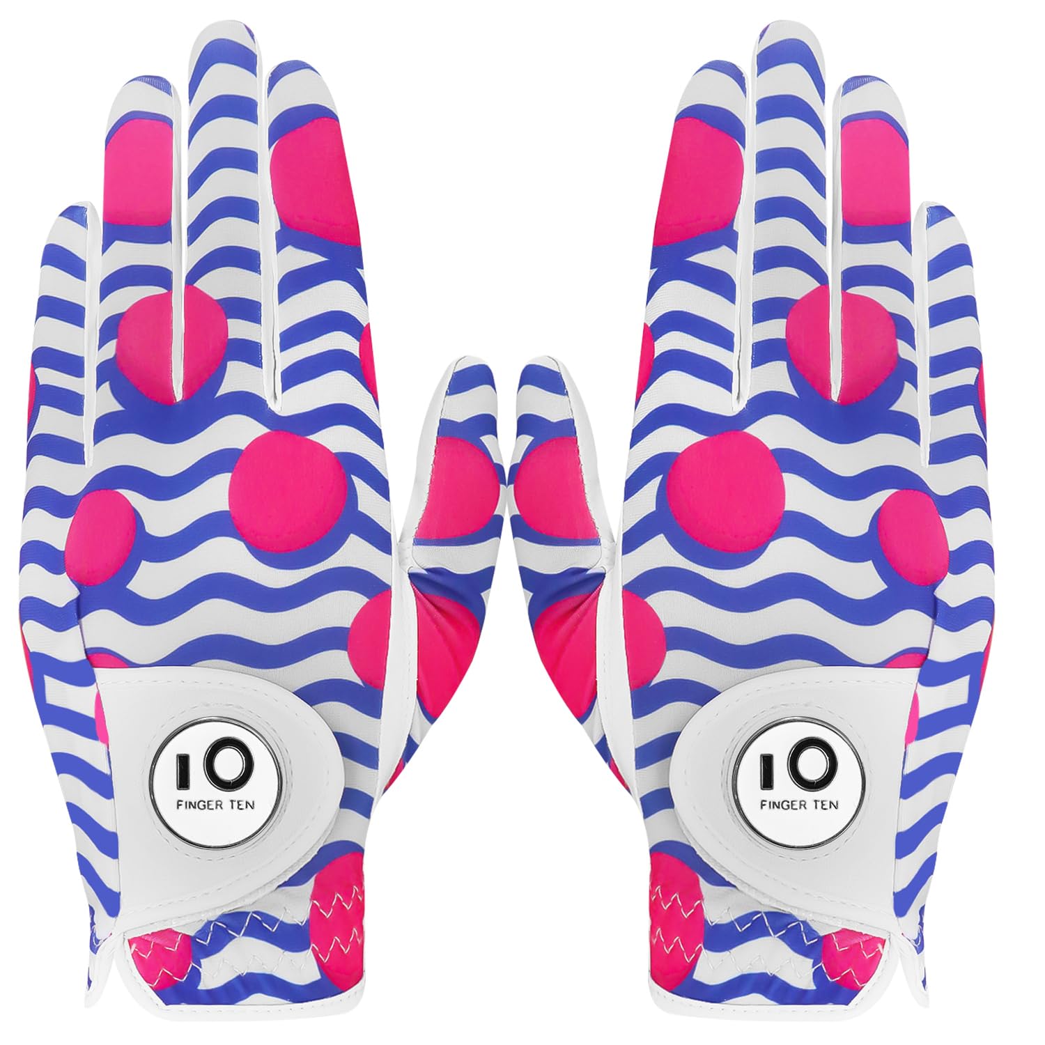 【送料無料】ゴルフグローブ レディース 両手 羊革とマイクロファイバーレザー ストレッチ生地 ソフト 柔らかめ 伸縮 通気 耐摩耗性 滑りにくいグリップ 雨 汗に強い 全天候モデル ゴルフマーカー付き NYS-018 色：ピンクドット（両手）、サイズ：19