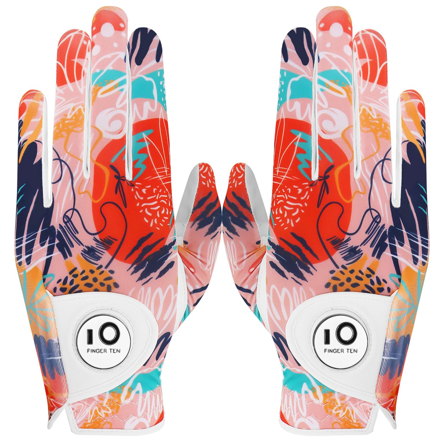 【送料無料】ゴルフグローブ レディース 両手 羊革とマイクロファイバーレザー ストレッチ生地 ソフト 柔らかめ 伸縮 通気 耐摩耗性 滑りにくいグリップ 雨 汗に強い 全天候モデル ゴルフマーカー付き NYS-018 色：オレンジ（両手）、サイズ：20