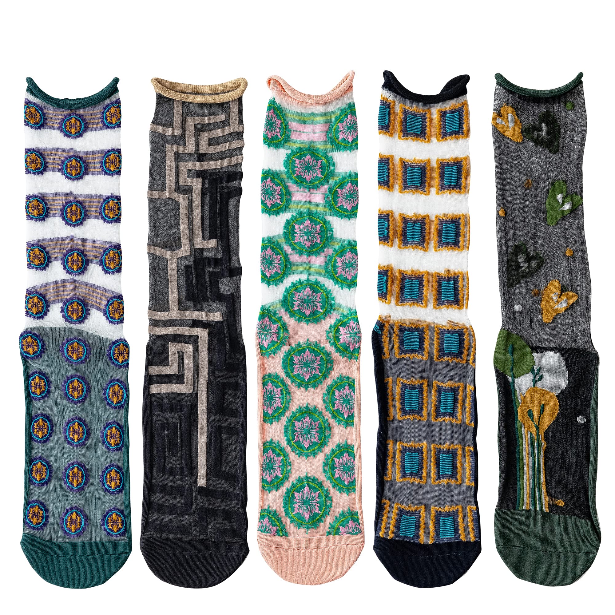 【送料無料】[Comonsava] レディース 靴下 シースルーソックス 左右柄違う フランス風 春夏 かわいい 薄手 透明 通学通勤 蒸れにくい プレゼント 5足セット 色：ピンク C組、サイズ：Free Size