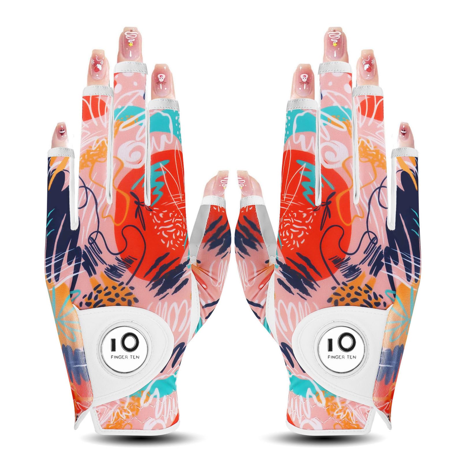 【送料無料】ゴルフグローブ レディース 両手 羊革とマイクロファイバーレザー ストレッチ生地 ソフト 柔らかめ 伸縮 通気 耐摩耗性 滑りにくいグリップ 雨 汗に強い 全天候モデル ゴルフマーカー付き NYS-018 色：オレンジ（両手、指先カット）、サイズ：22