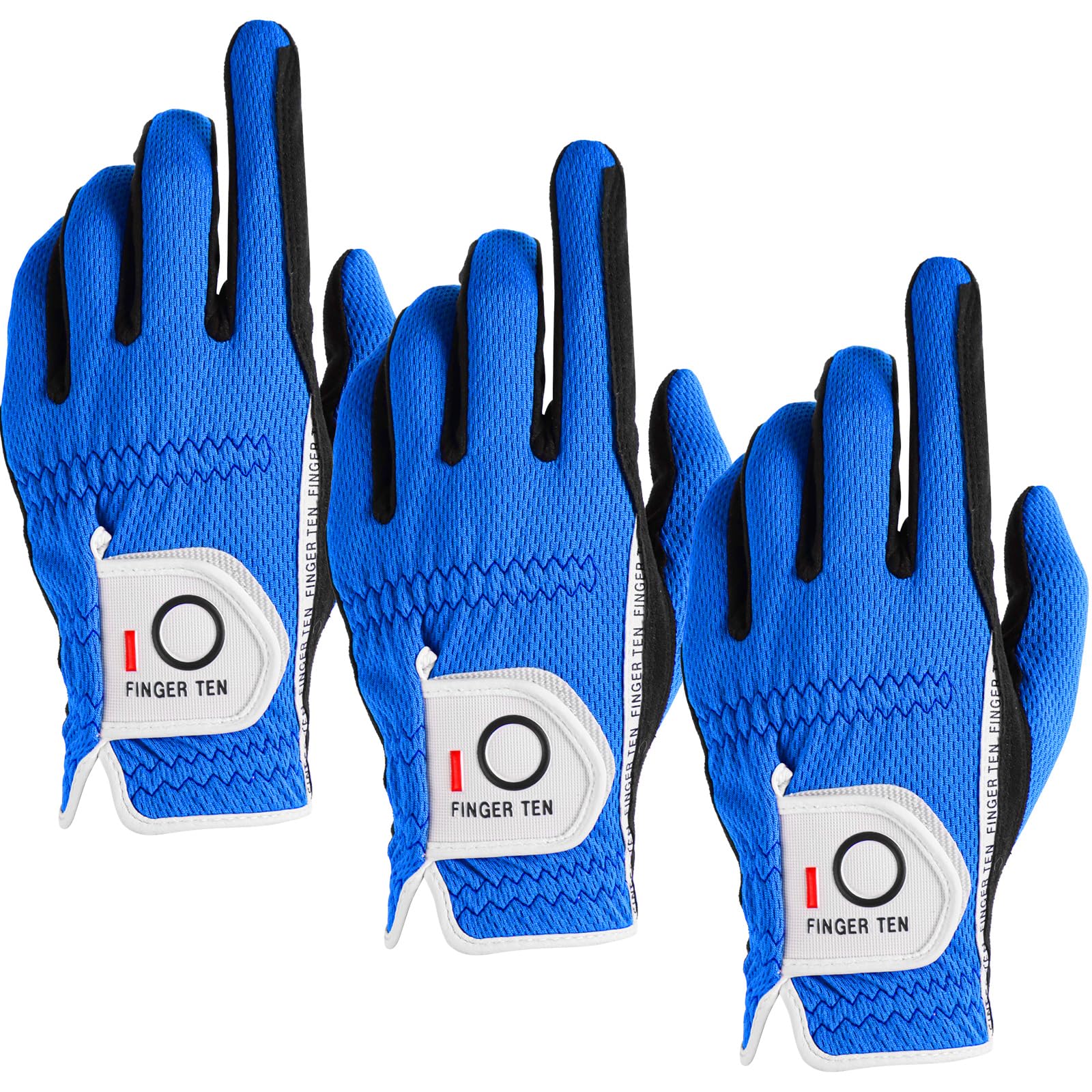 【送料無料】ゴルフグローブ メンズ 3枚セット スウェード調合成皮革 破れにくい 繊維布 メッシュ素材 通気 速乾 耐摩擦性 マジックテープ 多機能 全天候型 ゴルフ用手袋 DKX-008 色：ブルー(左手用)、サイズ：24