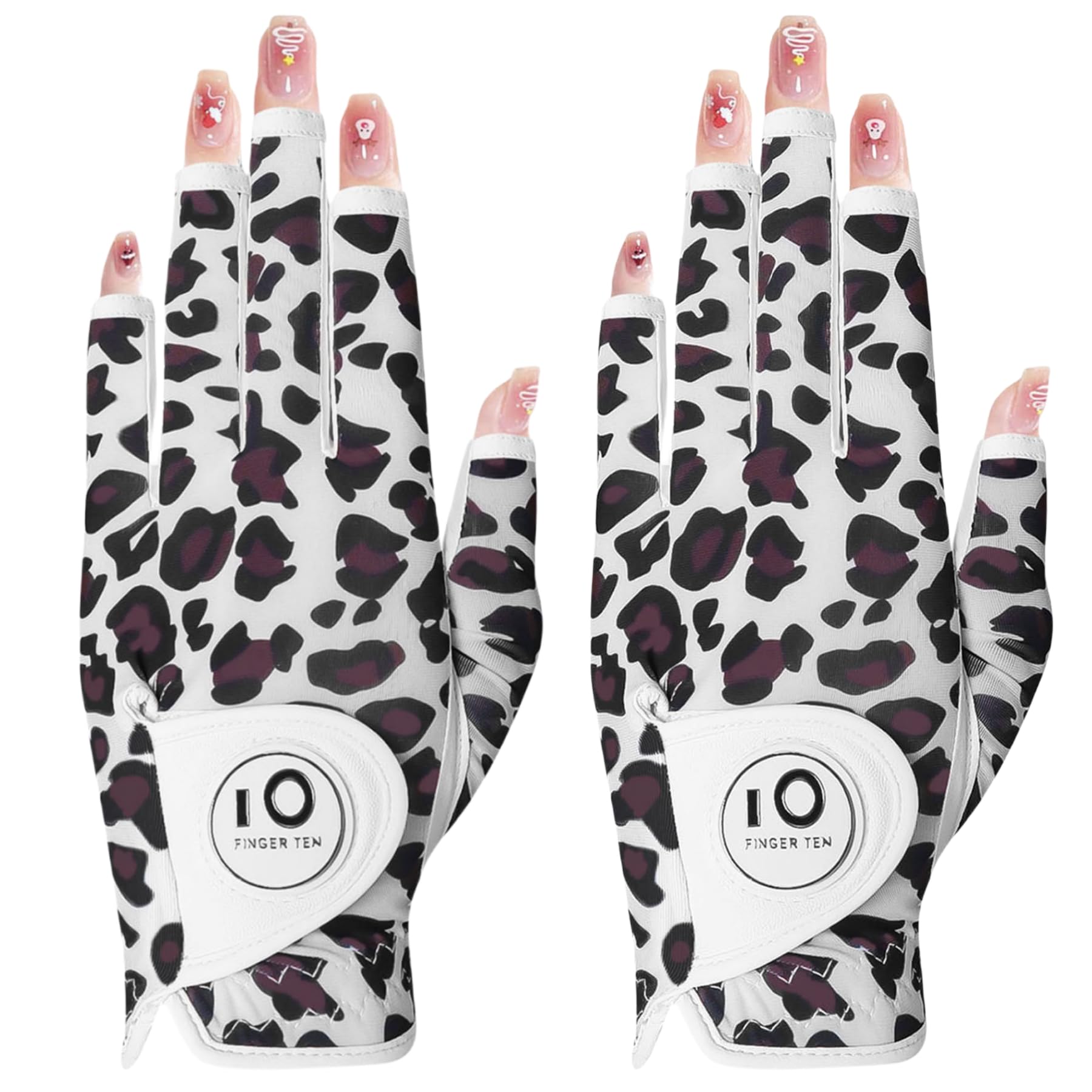 【送料無料】ゴルフグローブ レディース 両手 羊革とマイクロファイバーレザー ストレッチ生地 ソフト 柔らかめ 伸縮 通気 耐摩耗性 滑りにくいグリップ 雨 汗に強い 全天候モデル ゴルフマーカー付き NYS-018 色：豹柄（左手、指先カット）、サイズ：18