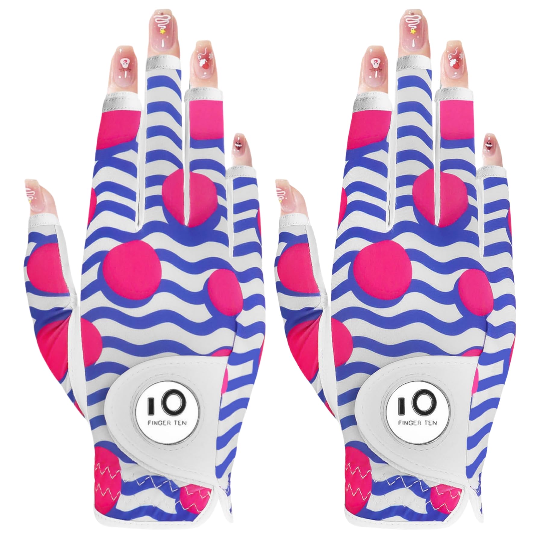 【送料無料】ゴルフグローブ レディース 両手 羊革とマイクロファイバーレザー ストレッチ生地 ソフト 柔らかめ 伸縮 通気 耐摩耗性 滑りにくいグリップ 雨 汗に強い 全天候モデル ゴルフマーカー付き NYS-018 色：ピンクドット（右手、指先カット）、サイズ：18