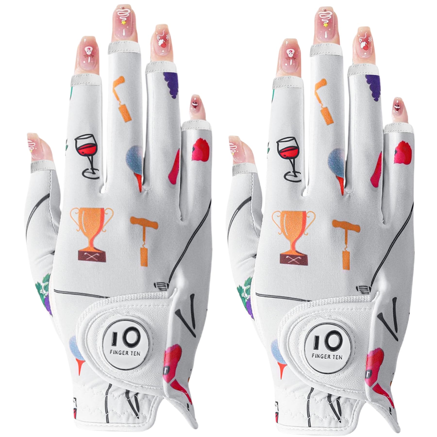 【送料無料】ゴルフグローブ レディース 両手 羊革とマイクロファイバーレザー ストレッチ生地 ソフト 柔らかめ 伸縮 通気 耐摩耗性 滑りにくいグリップ 雨 汗に強い 全天候モデル ゴルフマーカー付き NYS-018 色：ホワイト（右手、指先カット）、サイズ：18