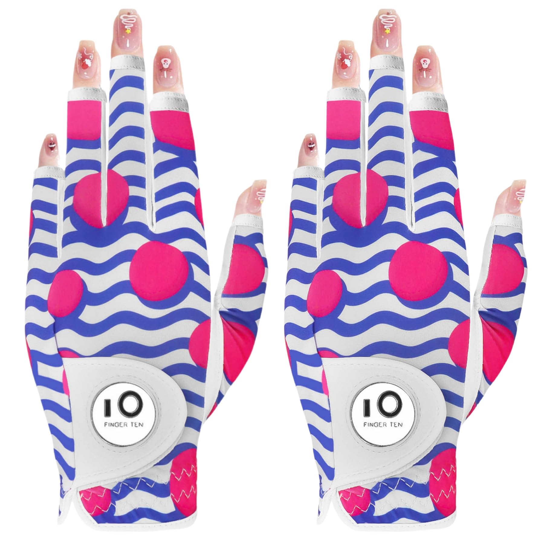 【送料無料】ゴルフグローブ レディース 両手 羊革とマイクロファイバーレザー ストレッチ生地 ソフト 柔らかめ 伸縮 通気 耐摩耗性 滑りにくいグリップ 雨 汗に強い 全天候モデル ゴルフマーカー付き NYS-018 色：ピンクドット（左手、指先カット）、サイズ：22