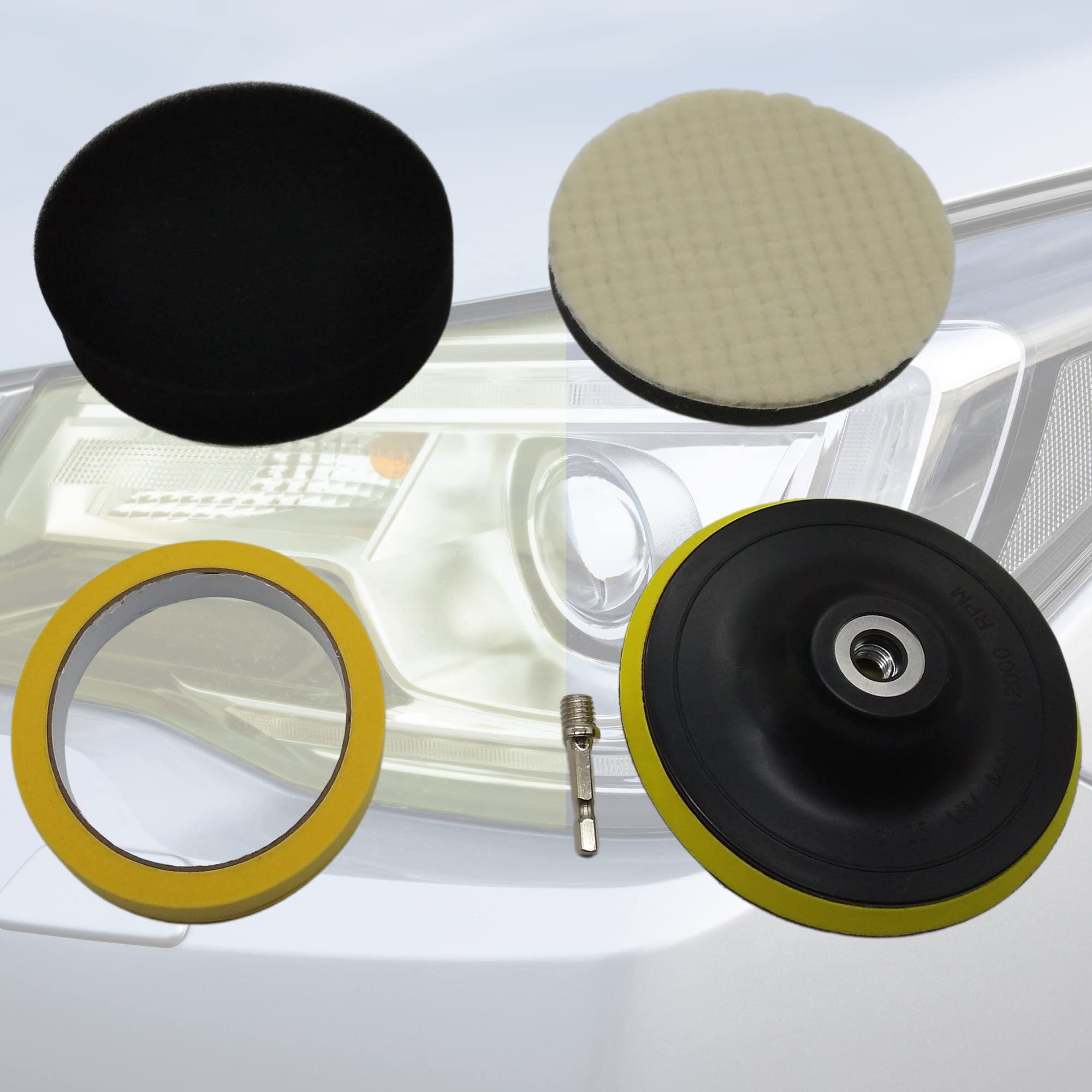 【送料無料】AZ-FRONT ヘッドライト磨き用ポリッシャーバフ（ウールバフ＋スポンジバフ） ポリッシングパッド 六角軸M10 養生用マスキングテープ付 ヘッドライトの黄ばみ除去 インパクトドライバー用
