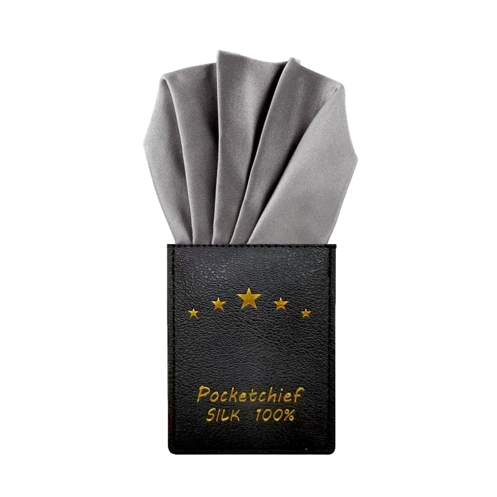 【送料無料】[VIVIMODA] ポケットチーフ シルク100％ チーフ PUレザー ワンタッチ 五つ折 三つ 【上品な光沢 】 挿すだけ 台紙付き 麻 リネン 絹 メンズ チーフホルダー 白 フォーマル 結婚式 披露宴 パー 色：【シルク素材】シルバーグレー×5ピークス、サイズ：17*9*1