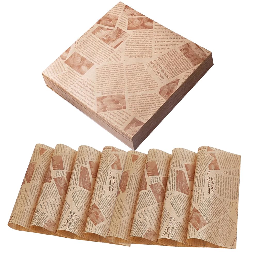 【送料無料】MYLCHBDJ 包装紙 ラッピングペーパー 100枚セット22cm×22cm, セピア色 飲食 新聞紙風 英字 ラッピング用品 おしゃれ 花束ラッピング プレゼント グリースプルーフ紙 ベーキングペーパー 色：セピア色、サイズ：22cm x 22cm