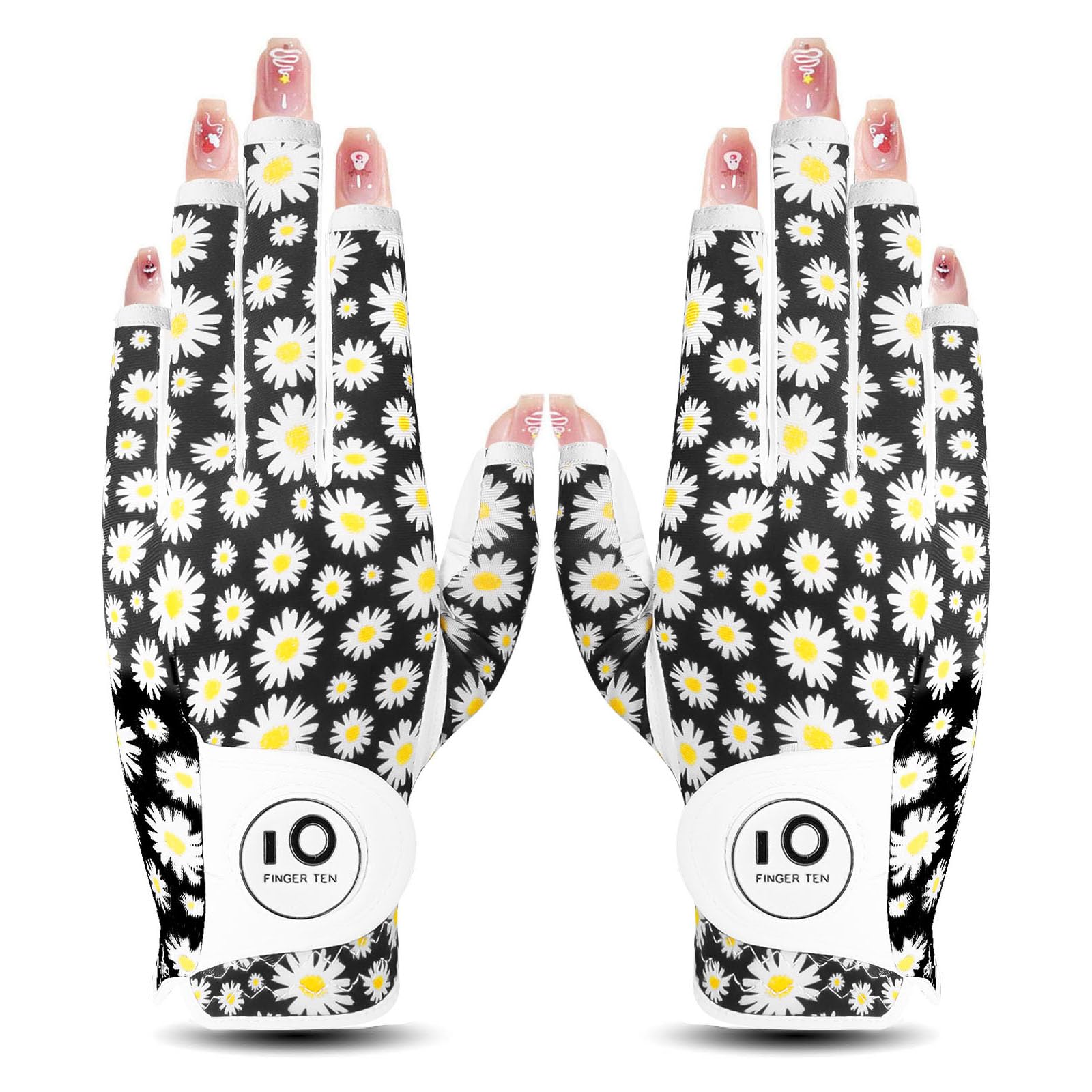 【送料無料】ゴルフグローブ レディース 両手 羊革とマイクロファイバーレザー ストレッチ生地 ソフト 柔らかめ 伸縮 通気 耐摩耗性 滑りにくいグリップ 雨 汗に強い 全天候モデル ゴルフマーカー付き NYS-018 色：小さなデイジー（両手、指先カット）、サイズ：19