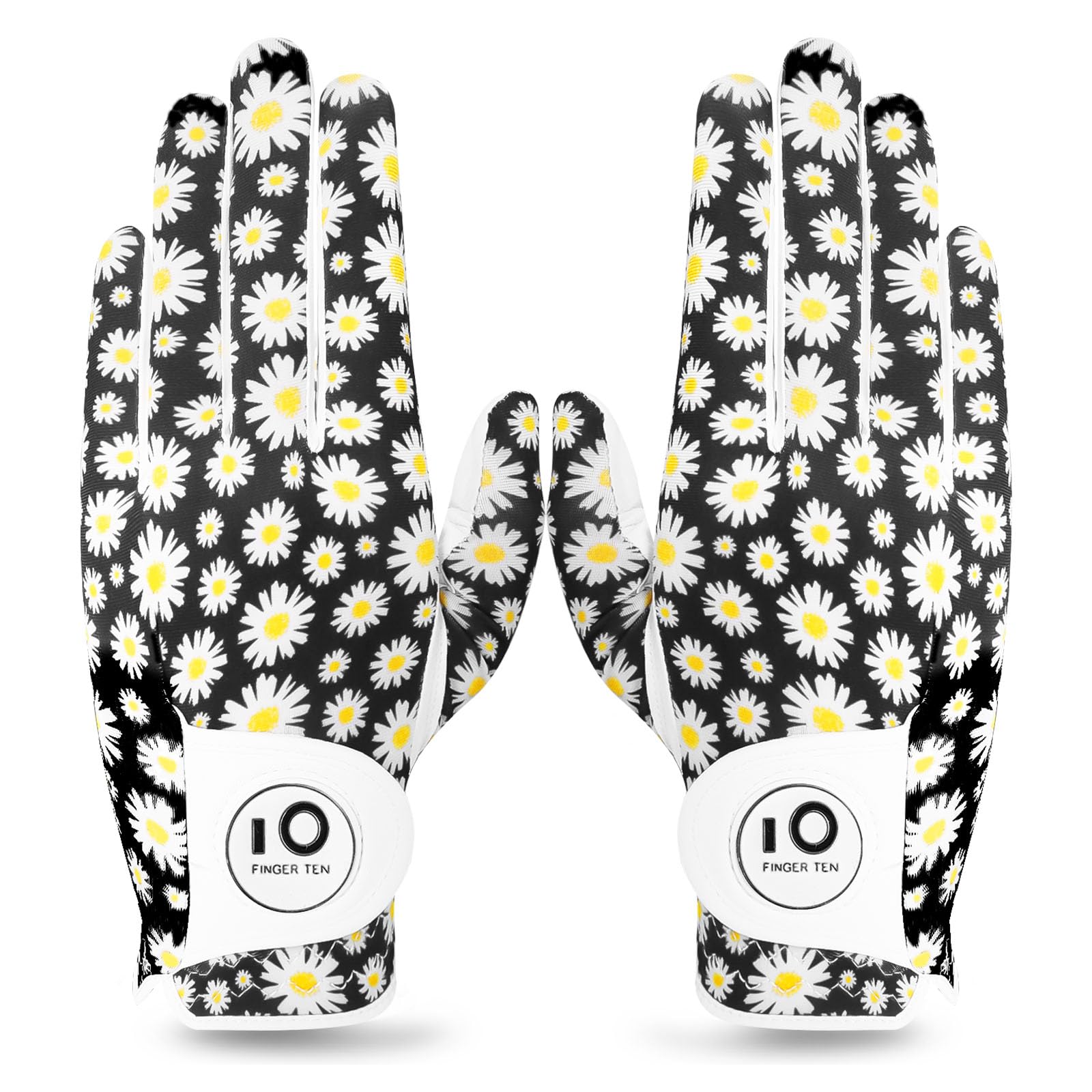 【送料無料】ゴルフグローブ レディース 両手 羊革とマイクロファイバーレザー ストレッチ生地 ソフト 柔らかめ 伸縮 通気 耐摩耗性 滑りにくいグリップ 雨 汗に強い 全天候モデル ゴルフマーカー付き NYS-018 色：小さなデイジー（両手）、サイズ：21