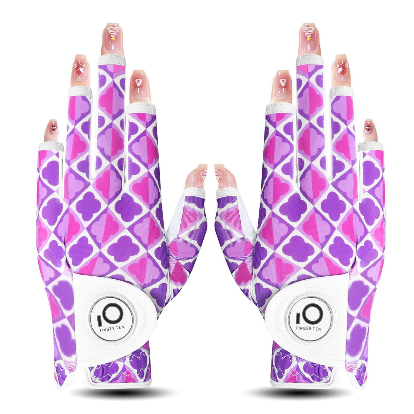 【送料無料】ゴルフグローブ レディース 両手 羊革とマイクロファイバーレザー ストレッチ生地 ソフト 柔らかめ 伸縮 通気 耐摩耗性 滑りにくいグリップ 雨 汗に強い 全天候モデル ゴルフマーカー付き NYS-018 色：ムラサキ（両手、指先カット）、サイズ：22