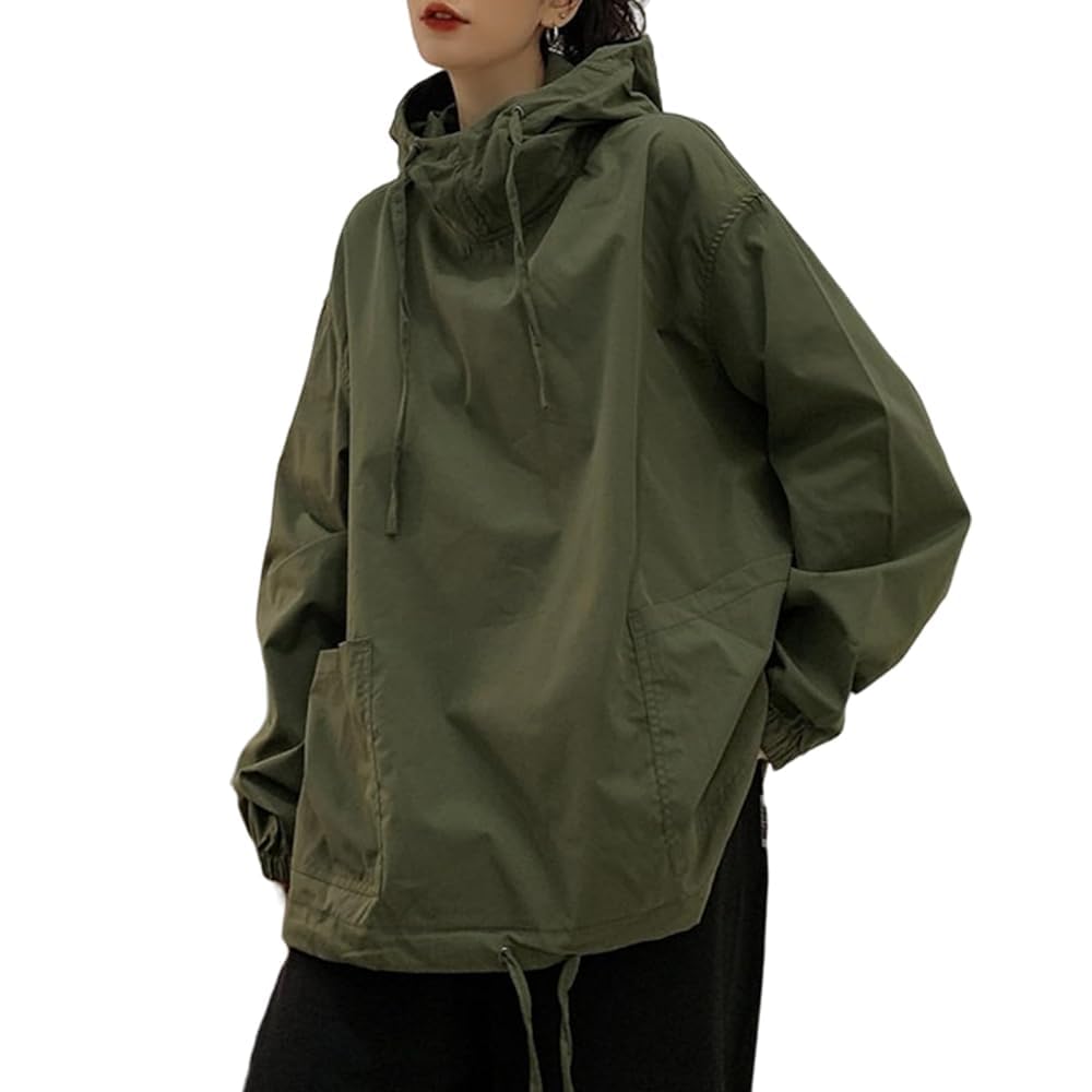 【送料無料】[HuuMeNEIDOO] マウンテンパーカー レディース フード パーカー 長袖 ウインドブレーカー 薄手 トップス プルオーバー 防風 ジャケット体型カバー 大きいサイズ 軽量 韓国 ファッション 旅行 春 秋 色：グリーン、サイズ：L