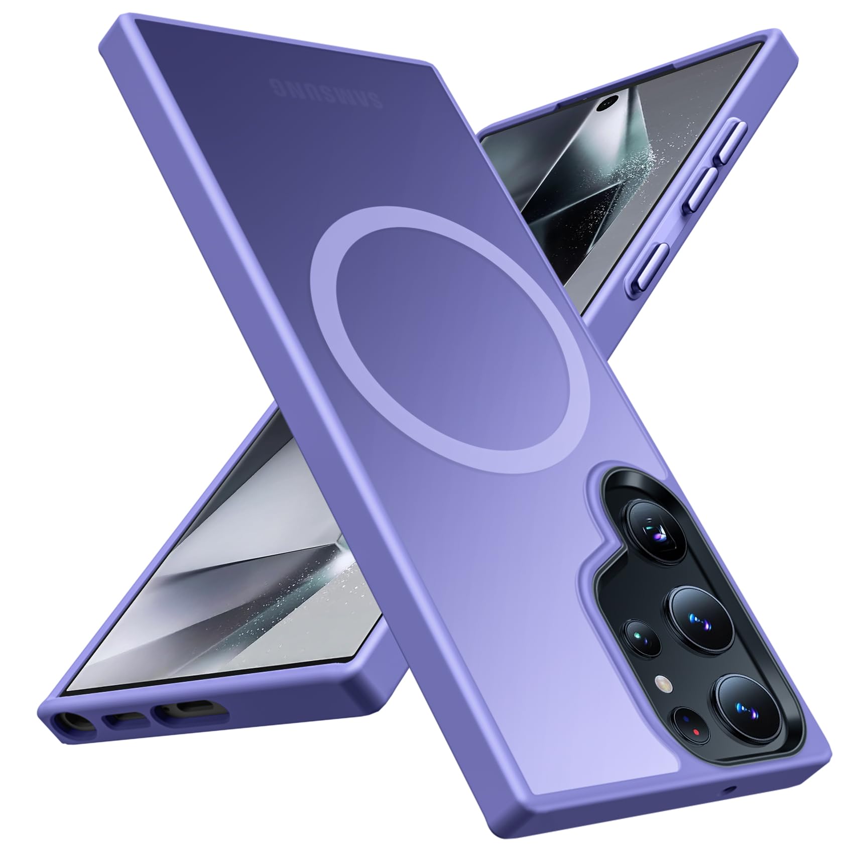 【送料無料】TMUJWS Galaxy S21 用ケース クリア 耐衝撃 衝撃吸収 TPU+PC 二重構造 米軍MIL規格 全面保護カバー ギャラクシー s21 用ケース 透明 6.2インチ マット ストラップホール付き 黄変しにくい 指紋防止 耐久 おし 色：ライトパープル、サイズ：Galaxy S24 Ultra