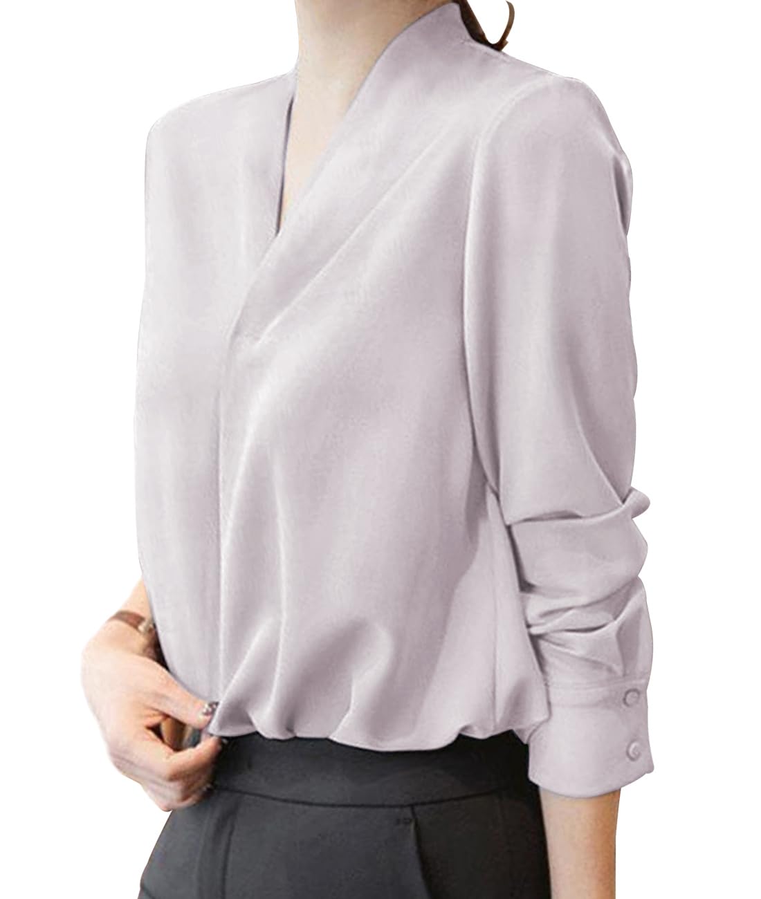 【送料無料】[Ladyangel] ブラウス シャツ レディース Vネック 長袖 トップス フォーマル 体型カバー 着痩せ 着回し力 きれいめ シンプル プルオーバー カジュアル 通勤 OL オフィス 春 秋 色：グレー、サイズ：L